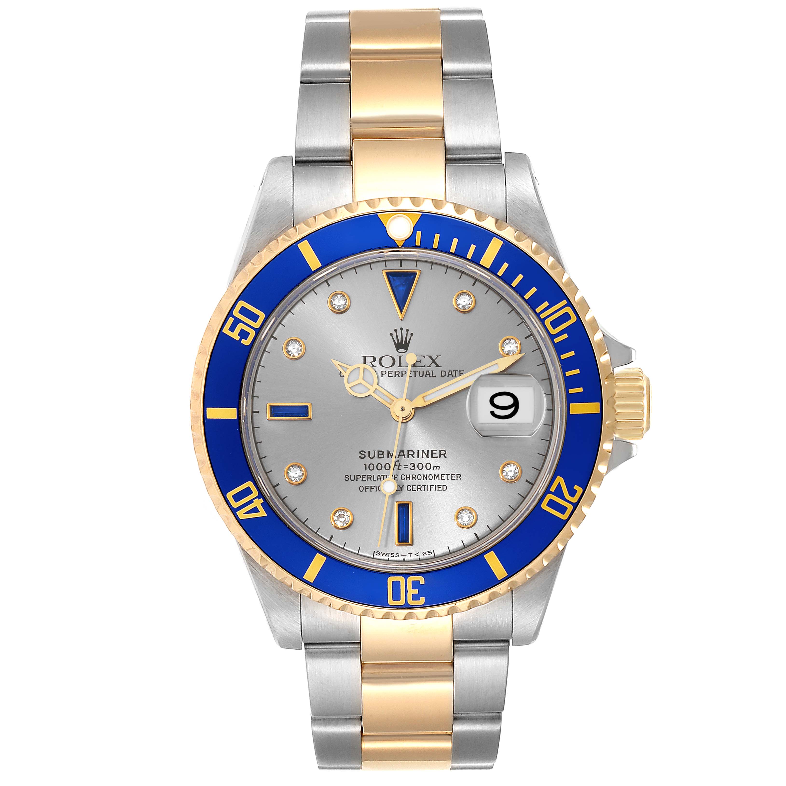 The image shows a front view of a Rolex Submariner 16613 Men's Steel and Gold (two tone) Grey Dial 16613 Men's Steel and Gold (two tone) Grey Dial watch, highlighting its blue bezel, silver dial, and two-tone bracelet.