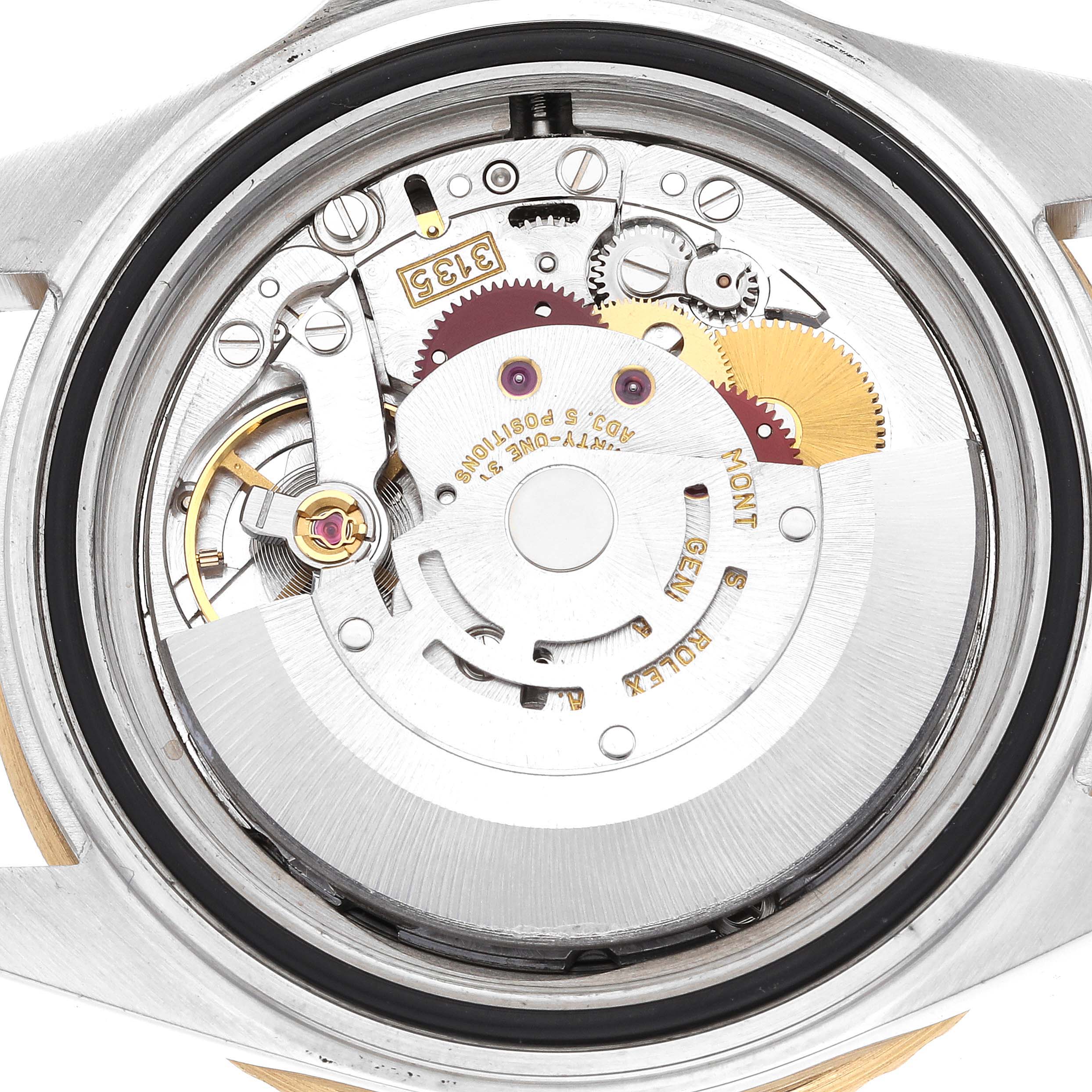 This image shows the internal mechanism and movement parts of a Rolex Submariner 16613 Men's Steel and Gold (two tone) Grey Dial 16613 Men's Steel and Gold (two tone) Grey Dial watch from a rear angle with the case back removed.