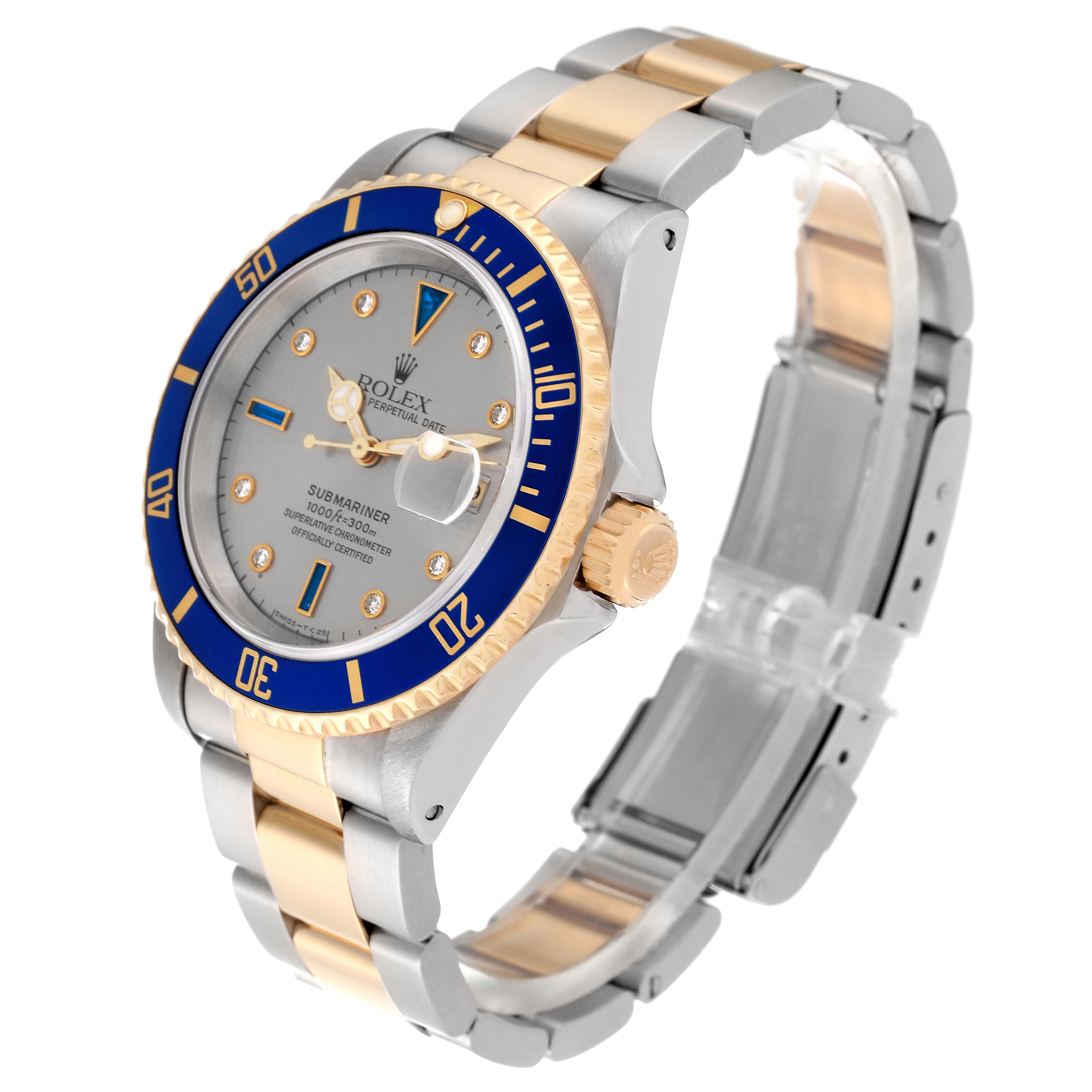 This Rolex Submariner 16613 Men's Steel and Gold (two tone) Grey Dial 16613 Men's Steel and Gold (two tone) Grey Dial watch is shown at a three-quarter side angle, displaying the bezel, dial, crown, and bracelet.