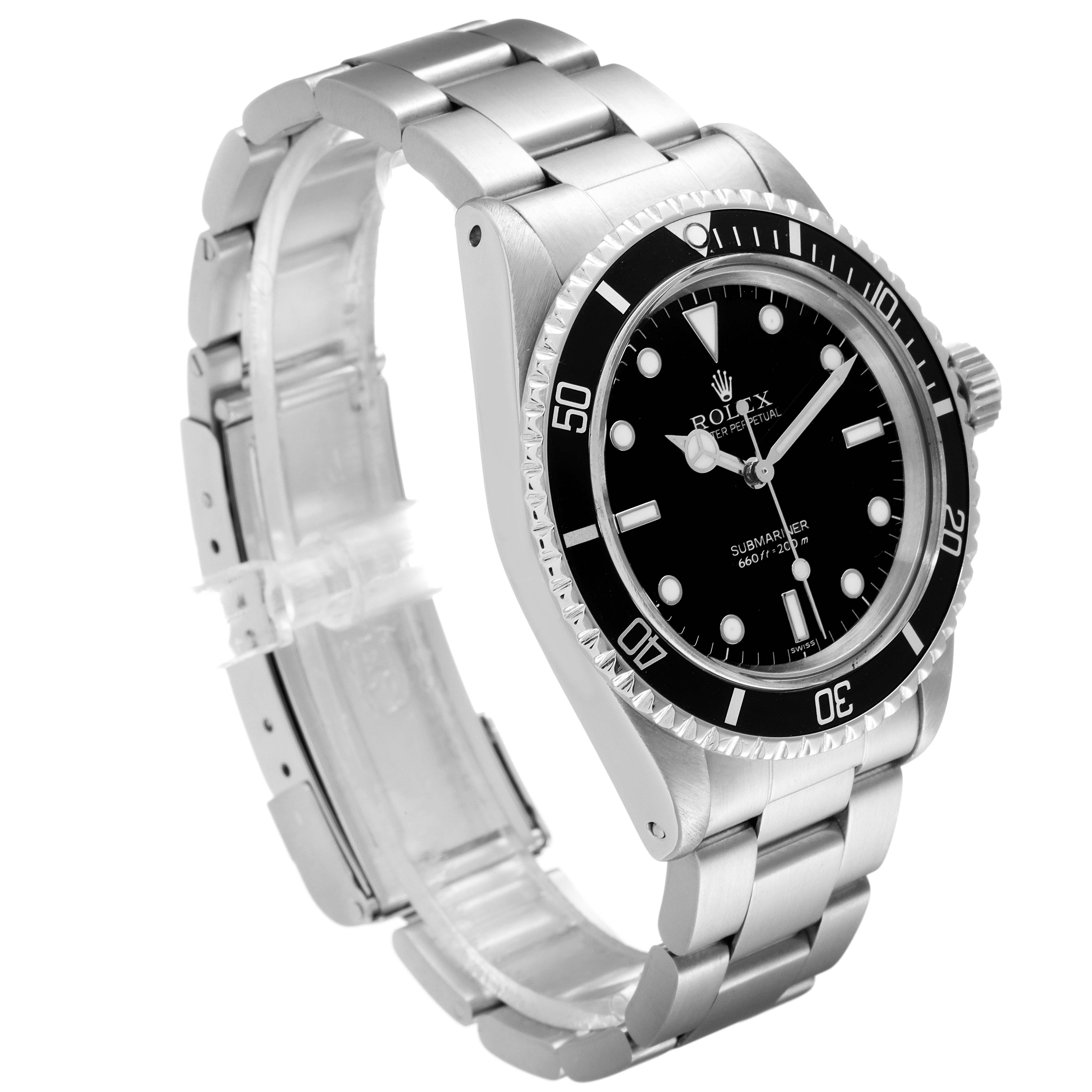 The image shows a Rolex Submariner 5513 Men's Stainless Steel Black Dial 5513 Men's Stainless Steel Black Dial watch from an angled side view, displaying its bezel, dial, and bracelet.