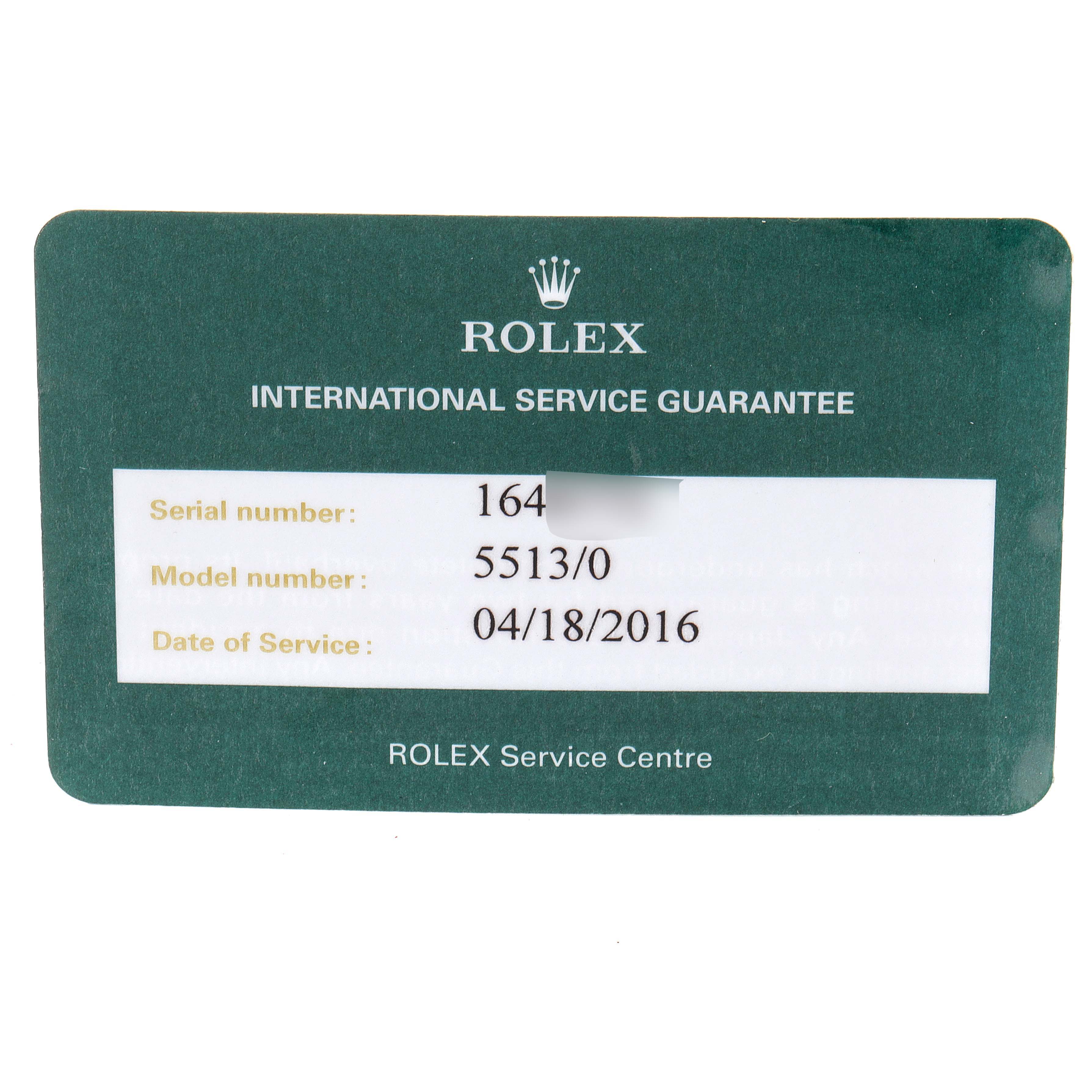 The image shows a flat, rectangular Rolex international service guarantee card for a Submariner model 5513/0.