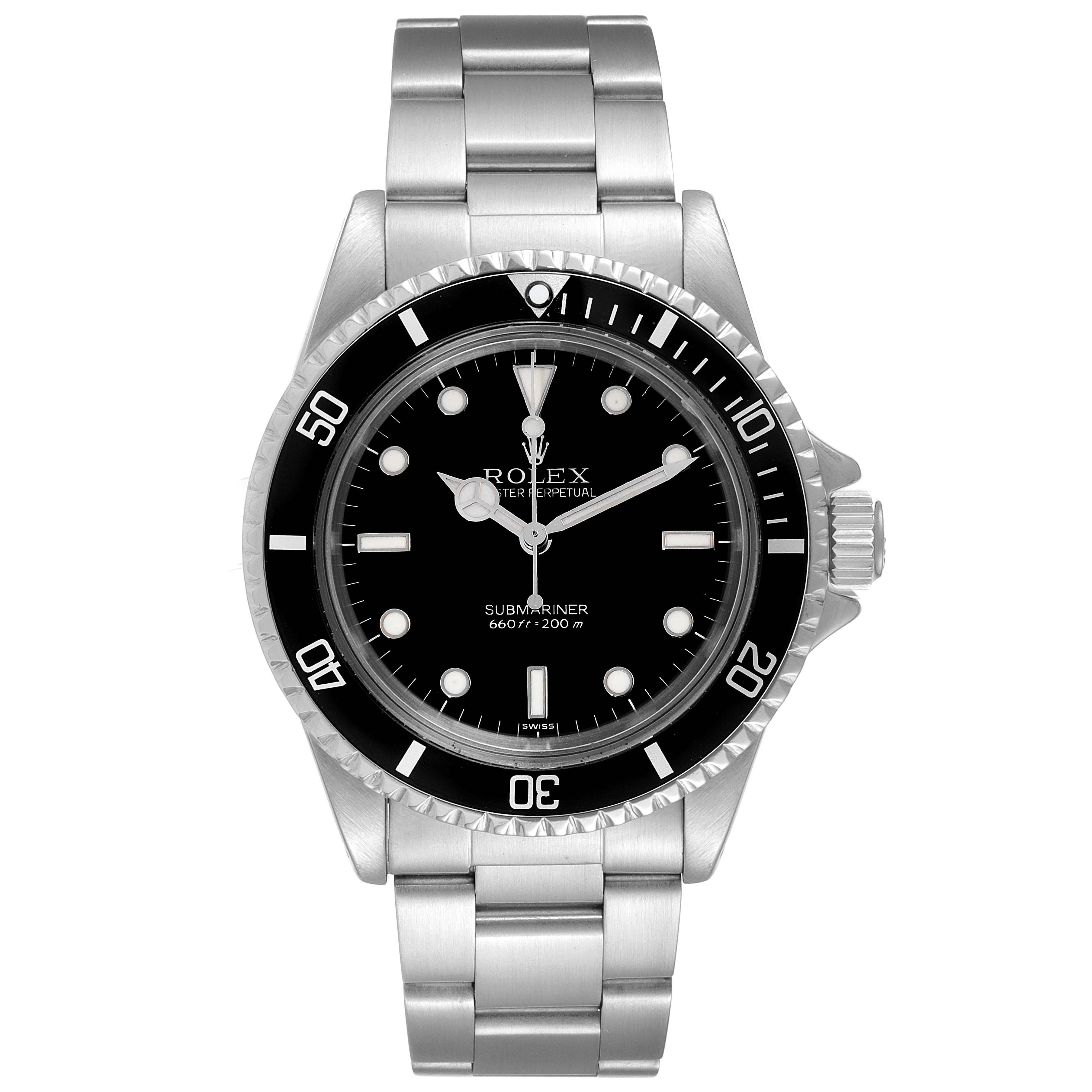 This is a front view of a Rolex Submariner 5513 Men's Stainless Steel Black Dial 5513 Men's Stainless Steel Black Dial watch, showing its dial, bezel, and bracelet.