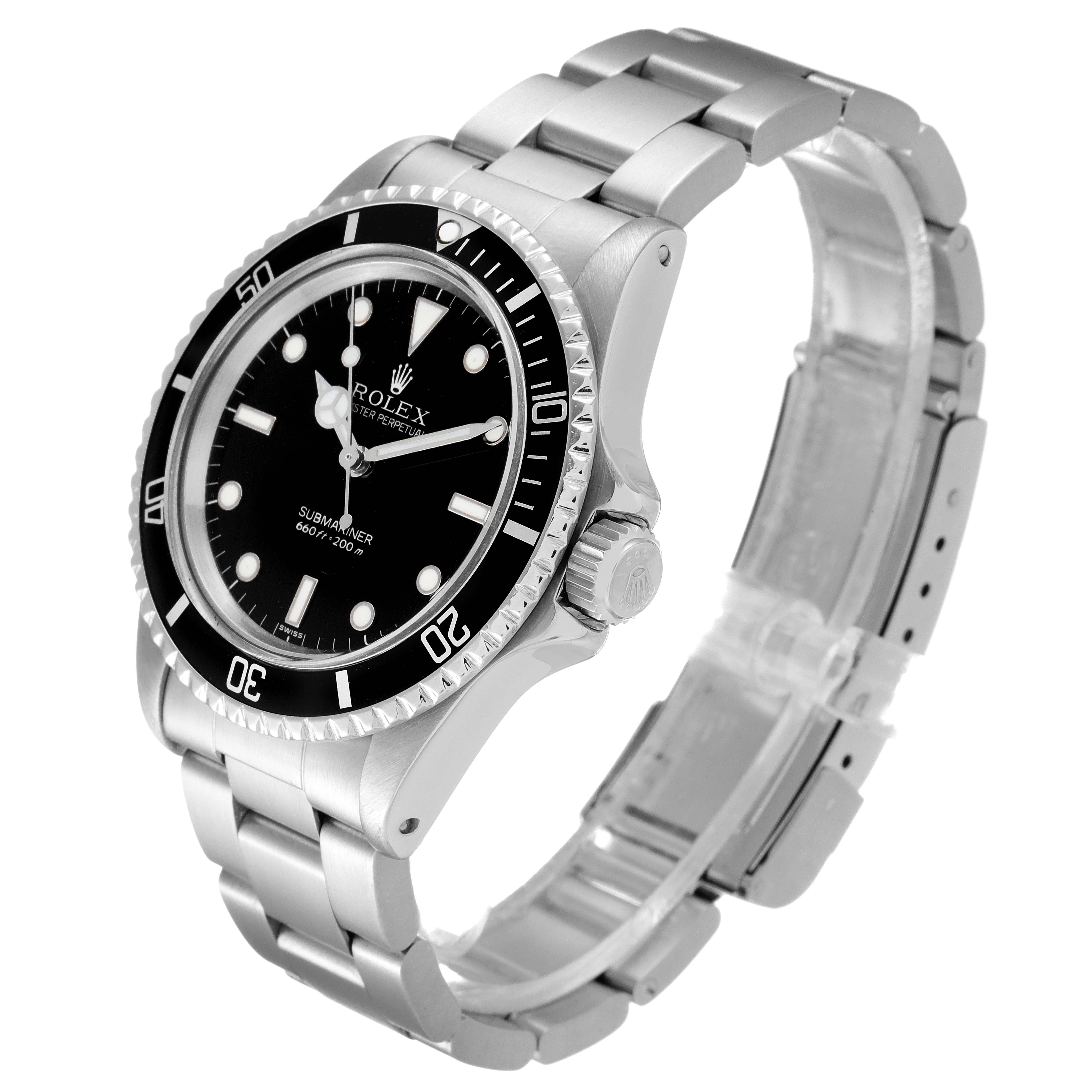 This image shows a side angle of a Rolex Submariner 5513 Men's Stainless Steel Black Dial 5513 Men's Stainless Steel Black Dial, highlighting the watch face, bezel, crown, and metal bracelet.