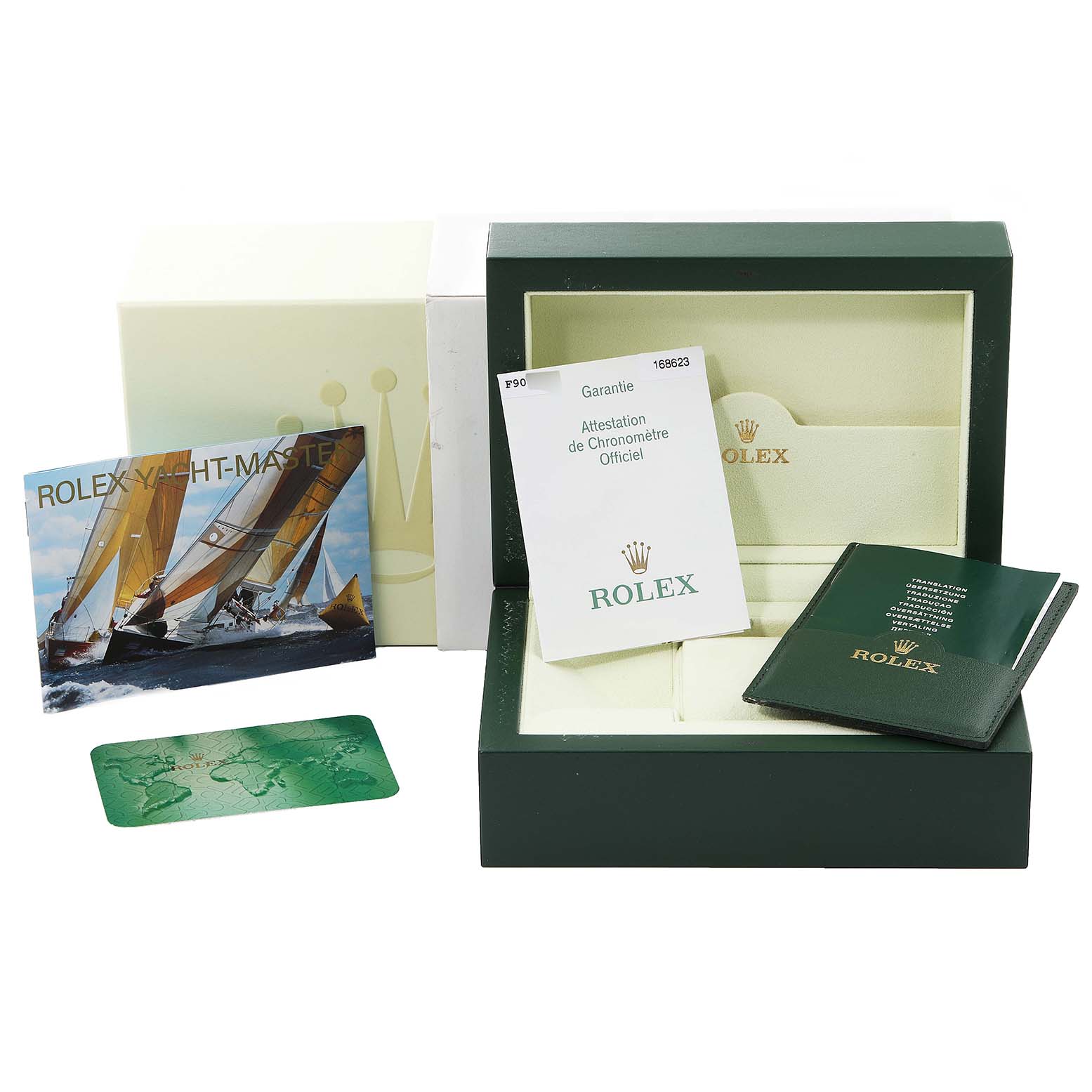The image shows the packaging and accessories for a Rolex Yacht-Master 168623 Men's Steel and Gold (two tone) Mother of Pearl Dial 168623 Men's Steel and Gold (two tone) Mother of Pearl Dial watch, including a box, booklets, and cards.