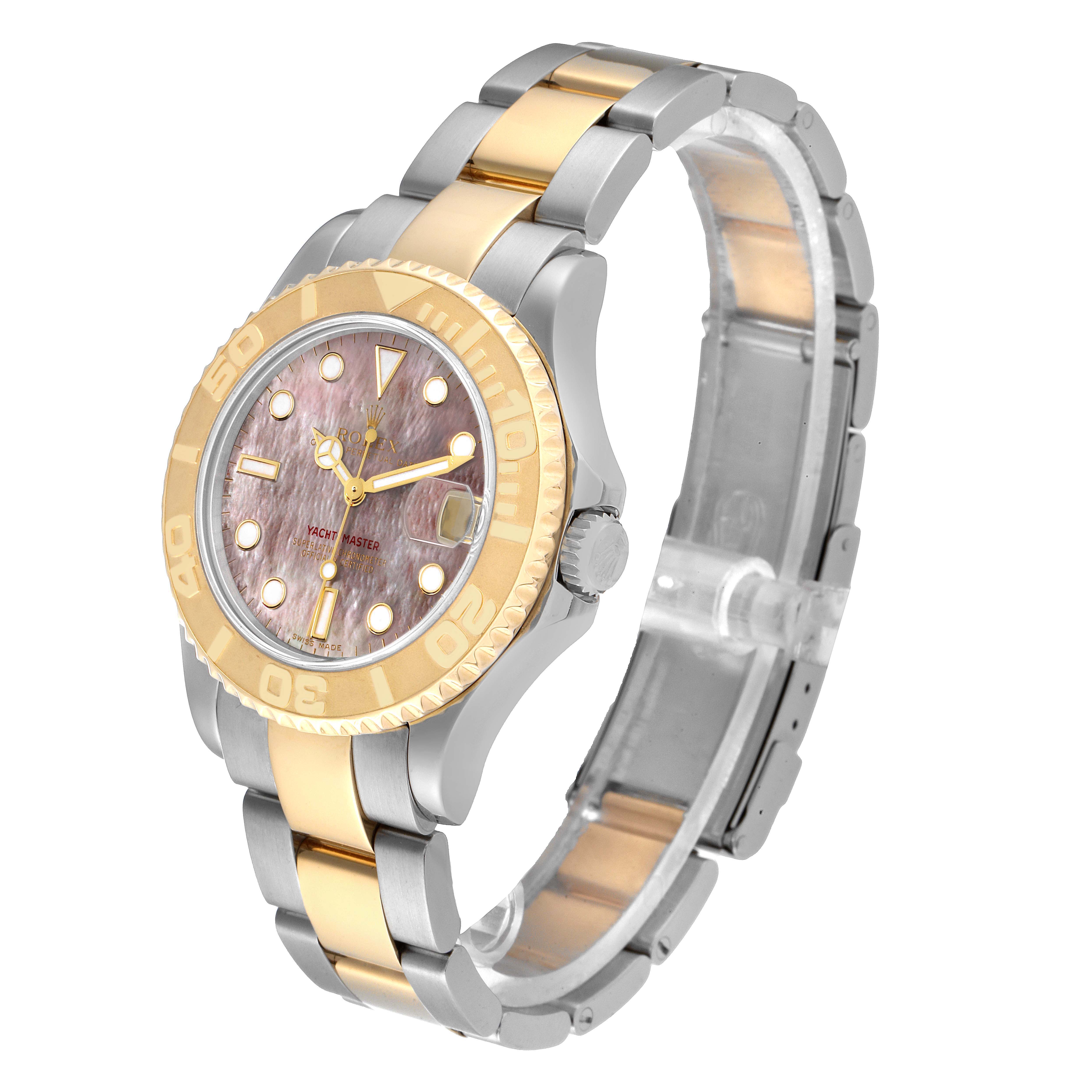 This image shows a Rolex Yacht-Master 168623 Men's Steel and Gold (two tone) Mother of Pearl Dial 168623 Men's Steel and Gold (two tone) Mother of Pearl Dial watch at an angle emphasizing its dial, bezel, bracelet, and crown.