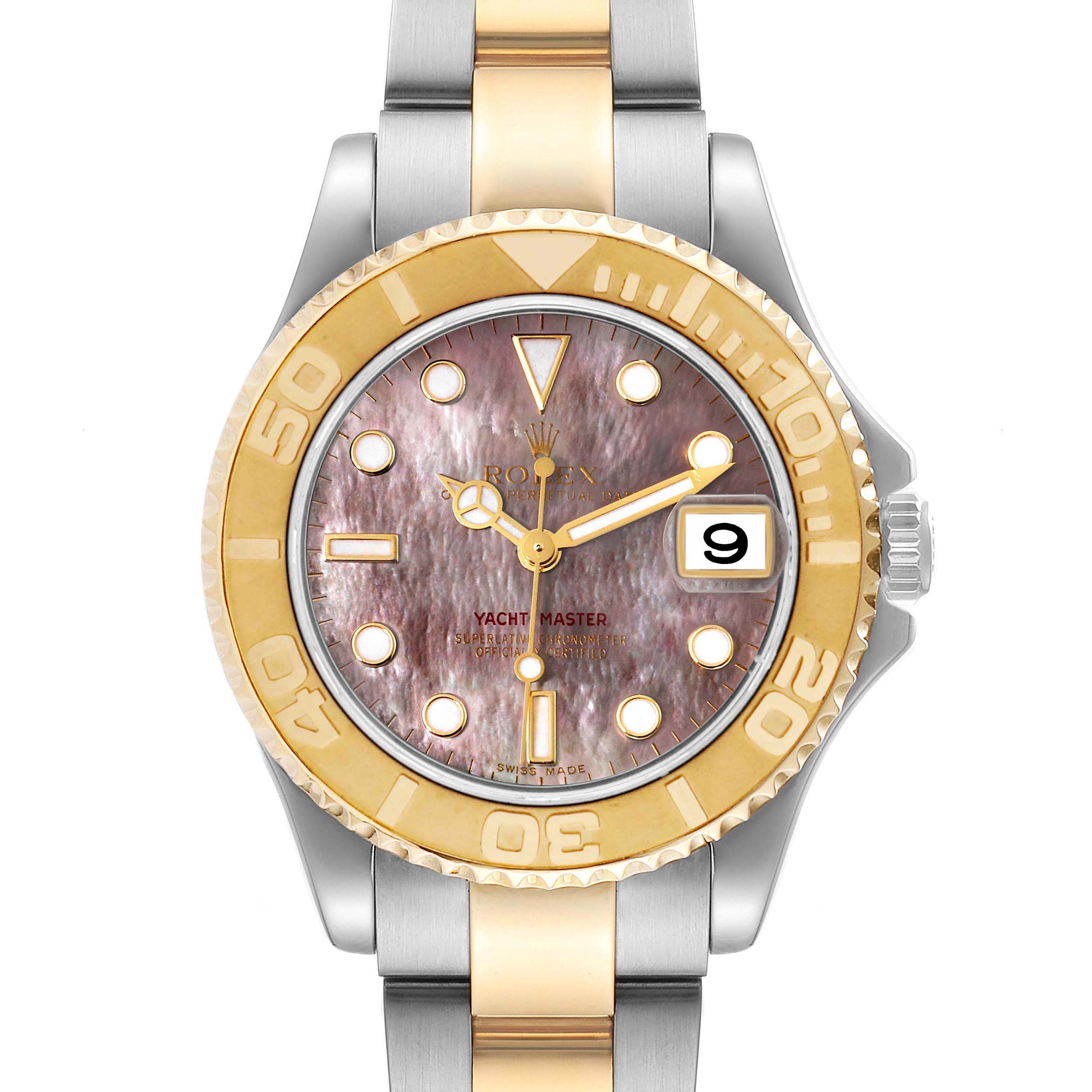 This image shows a frontal view of a Rolex Yacht-Master 168623 Men's Steel and Gold (two tone) Mother of Pearl Dial 168623 Men's Steel and Gold (two tone) Mother of Pearl Dial watch, displaying its face, bezel, and part of the bracelet.