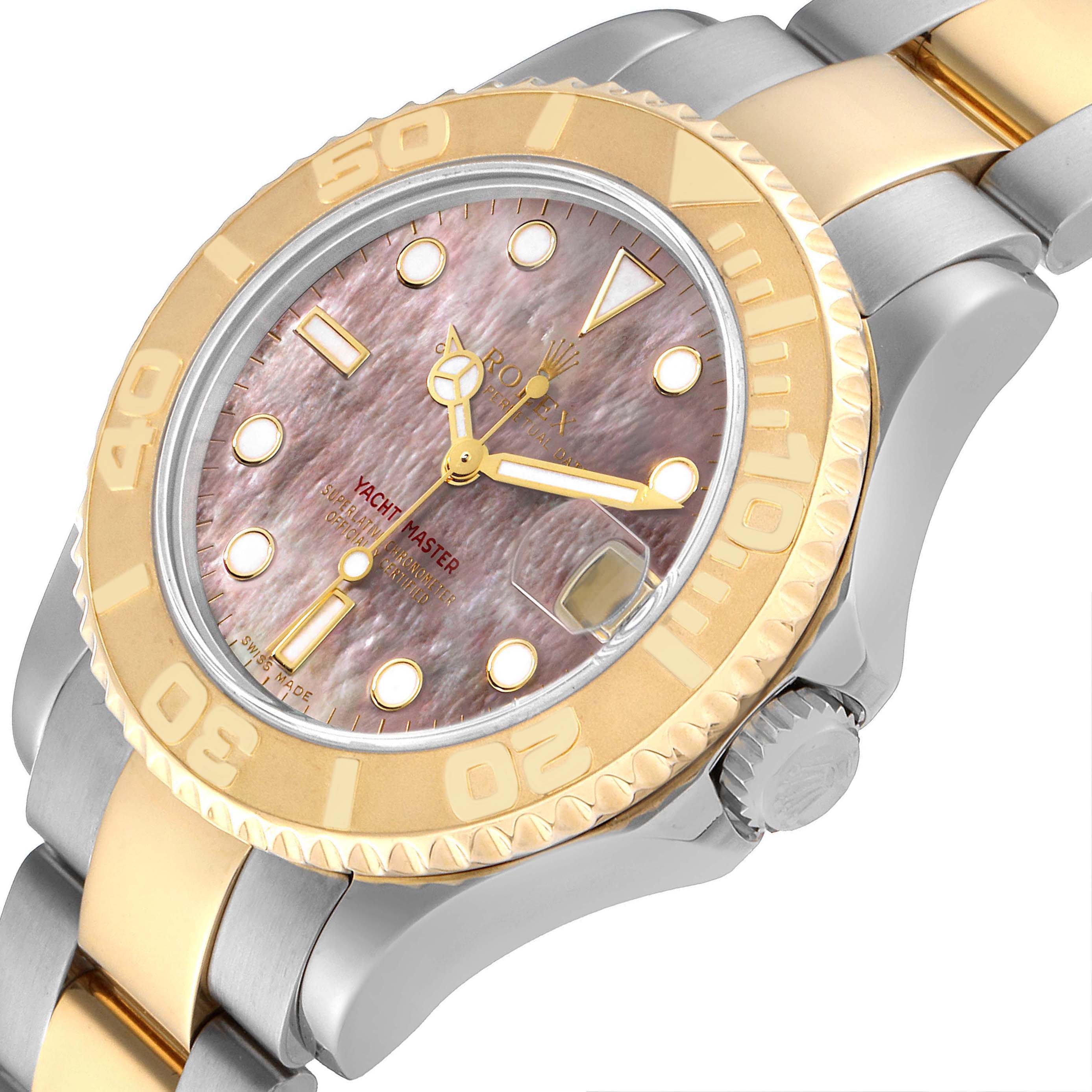 This image shows a close-up view of the Rolex Yacht-Master 168623 Men's Steel and Gold (two tone) Mother of Pearl Dial 168623 Men's Steel and Gold (two tone) Mother of Pearl Dial watch, highlighting its bezel, dial, and portion of the bracelet.