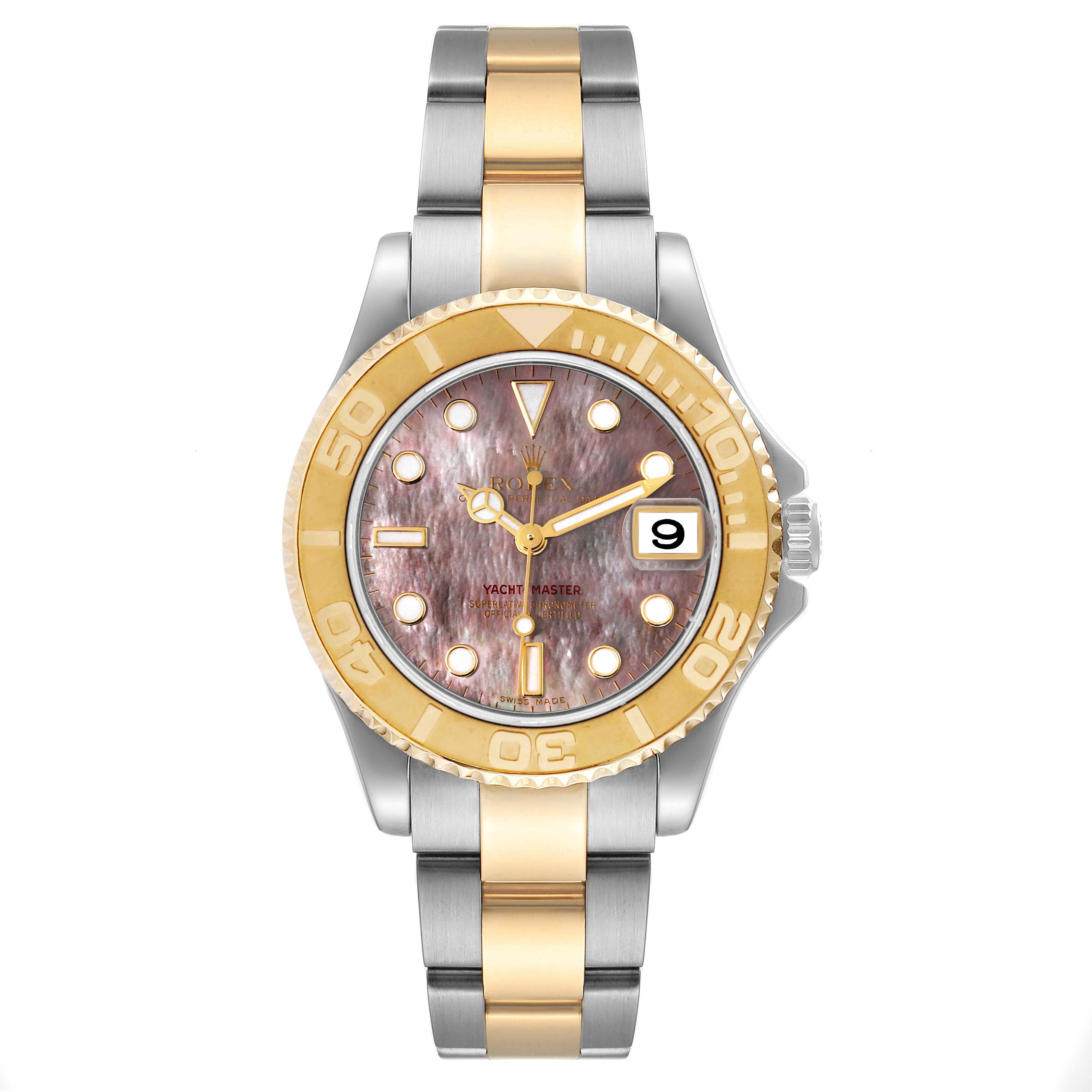 The image shows a front view of the Rolex Yacht-Master 168623 Men's Steel and Gold (two tone) Mother of Pearl Dial 168623 Men's Steel and Gold (two tone) Mother of Pearl Dial watch, highlighting the dial, bezel, and two-tone bracelet.