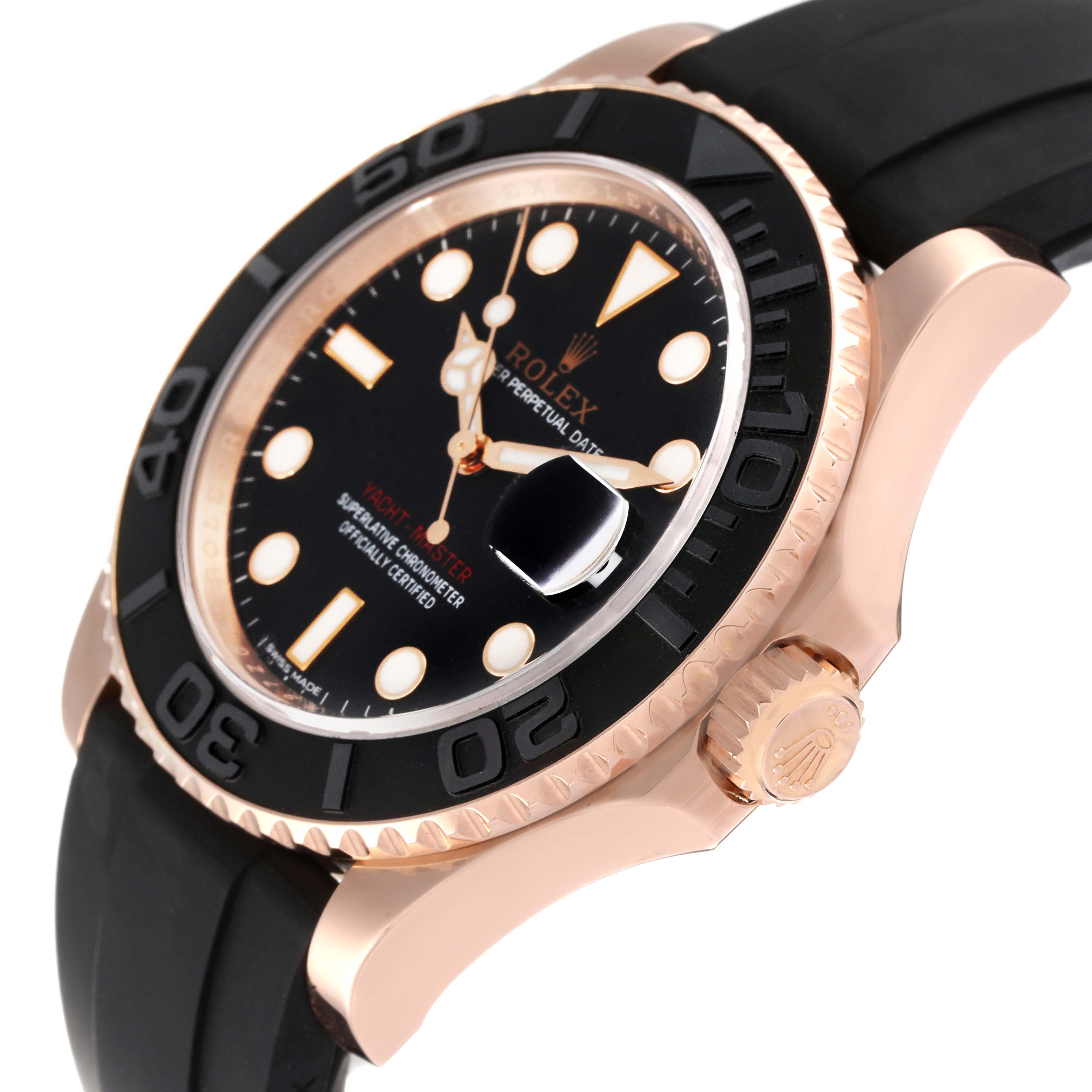 The image shows a close-up angled view of the Rolex Yacht-Master 116655 Men's Rose Gold Black Dial 116655 Men's Rose Gold Black Dial watch, highlighting the face, bezel, and crown.