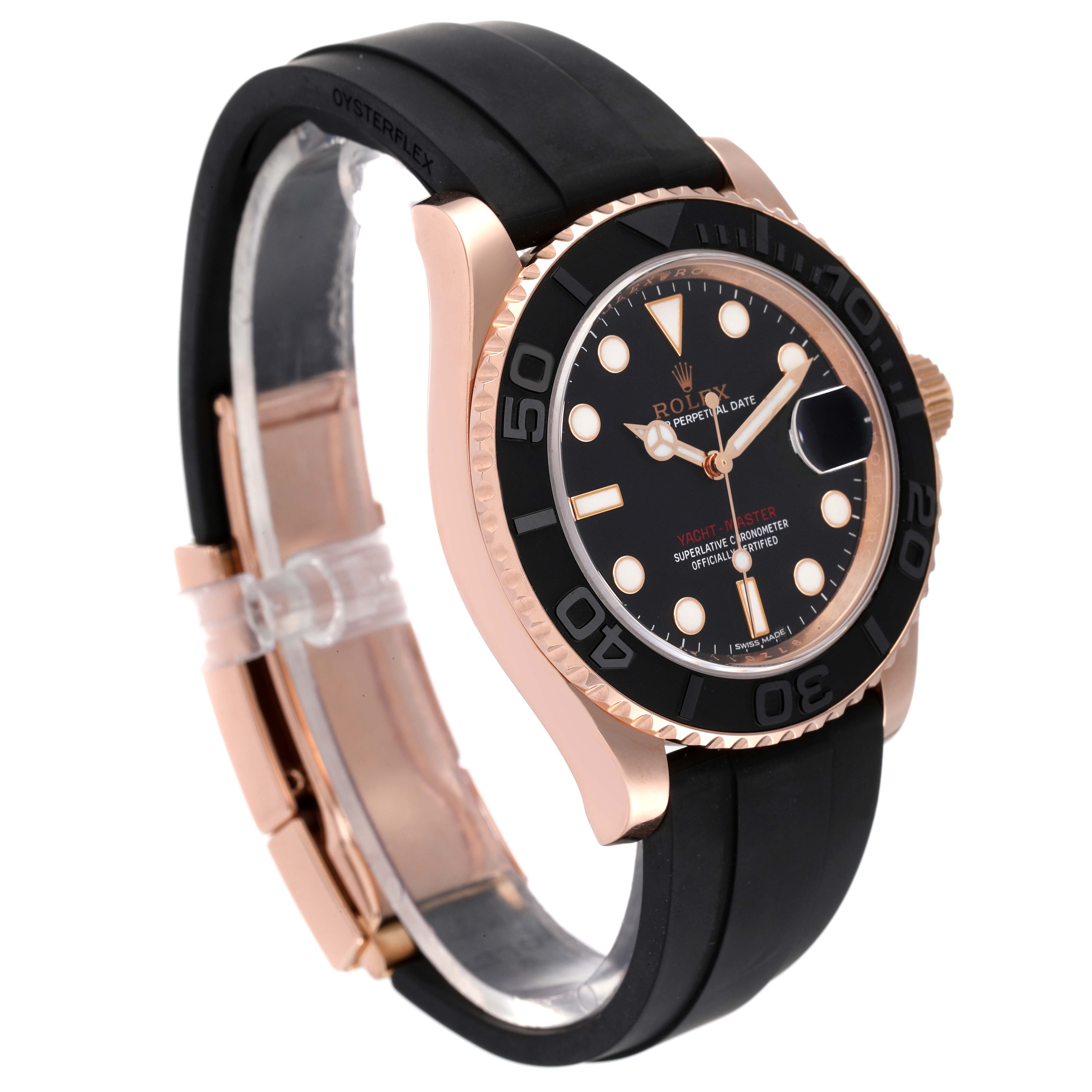 The image shows a side and front angle of a Rolex Yacht-Master 116655 Men's Rose Gold Black Dial 116655 Men's Rose Gold Black Dial watch, highlighting the black rubber strap, black dial, and rose gold case.