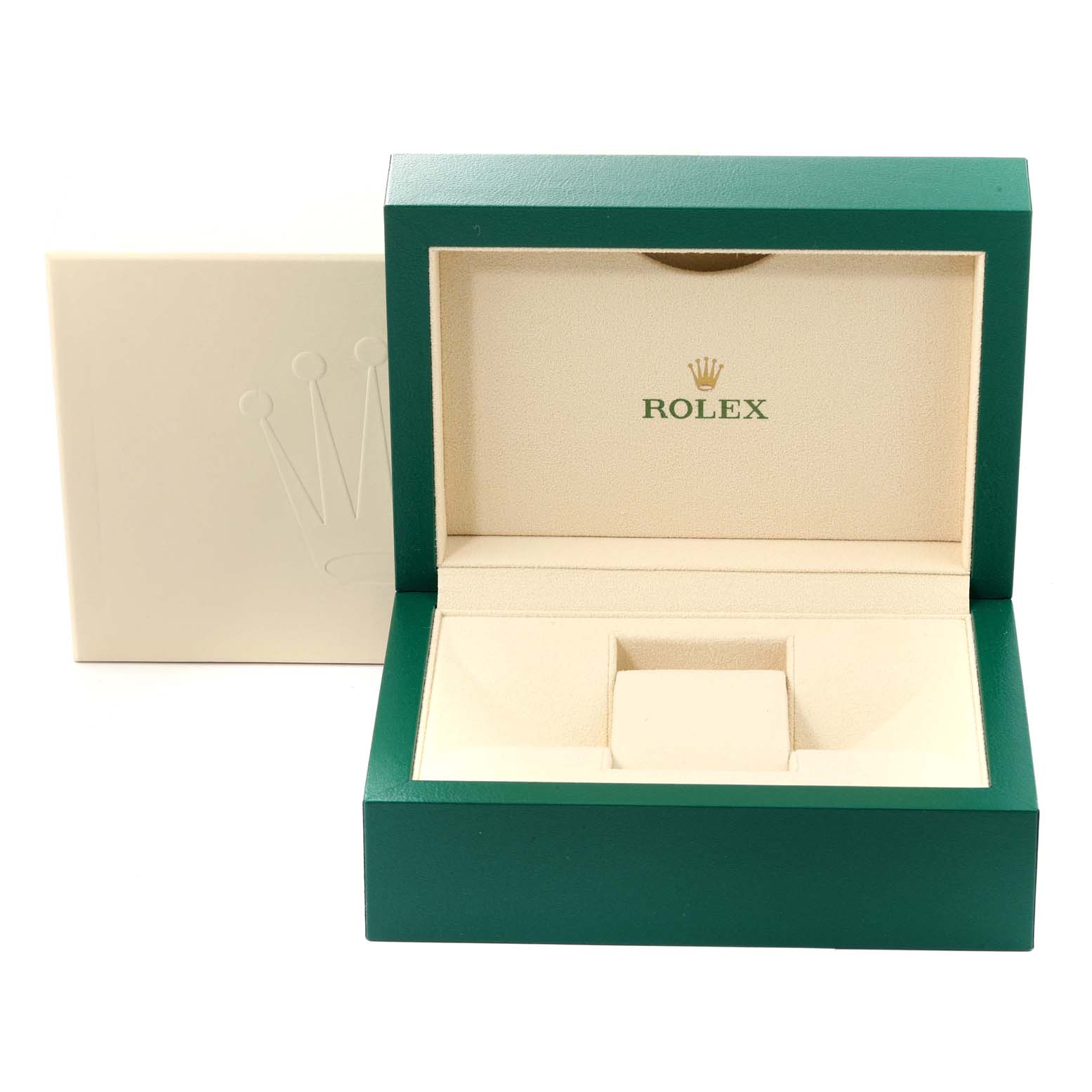 The image shows an open Rolex Yacht-Master 116655 Men's Rose Gold Black Dial 116655 Men's Rose Gold Black Dial watch box with a green exterior and cream interior.
