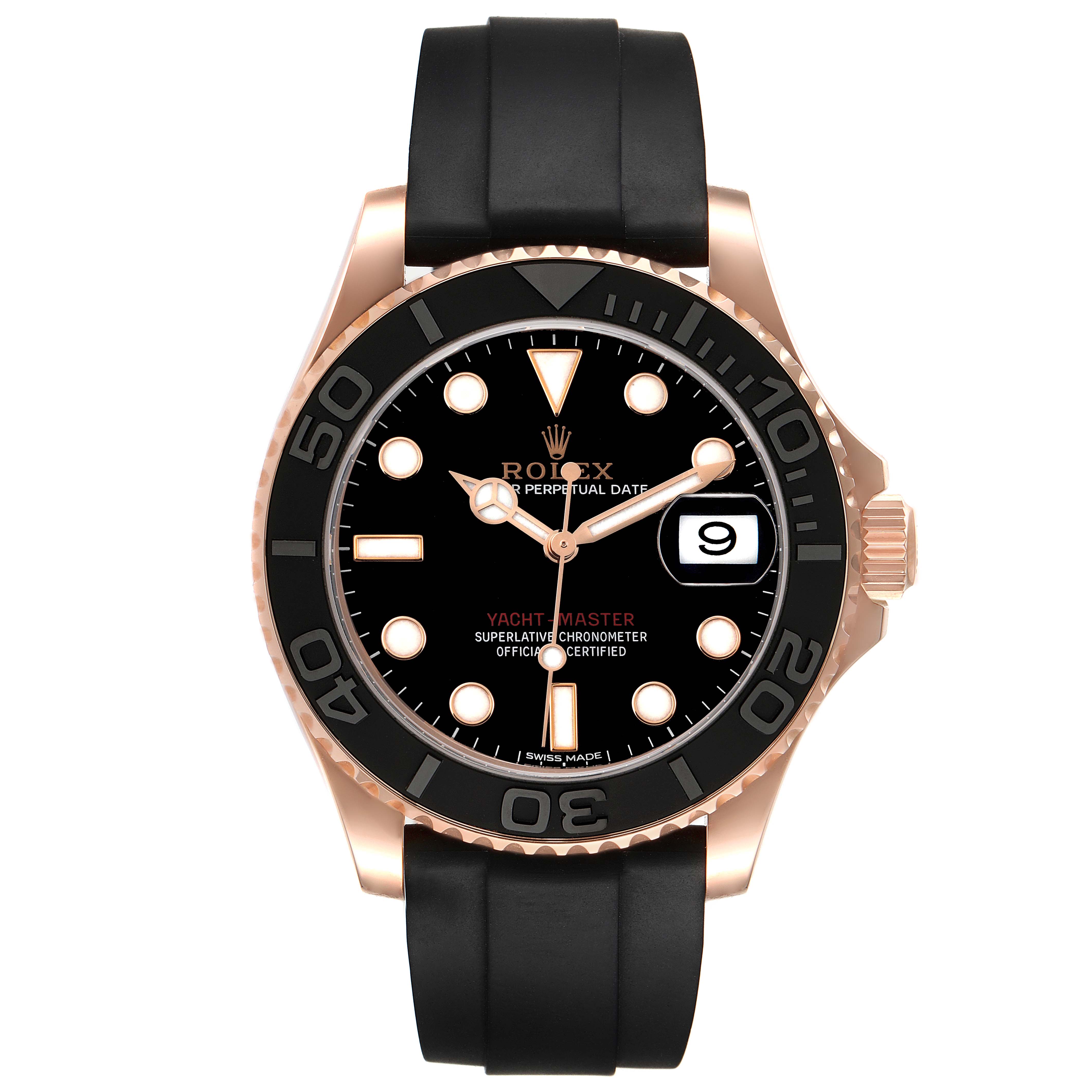 This image shows a front view of a Rolex Yacht-Master 116655 Men's Rose Gold Black Dial 116655 Men's Rose Gold Black Dial watch, highlighting its black dial, bezel, date display, and rubber strap.