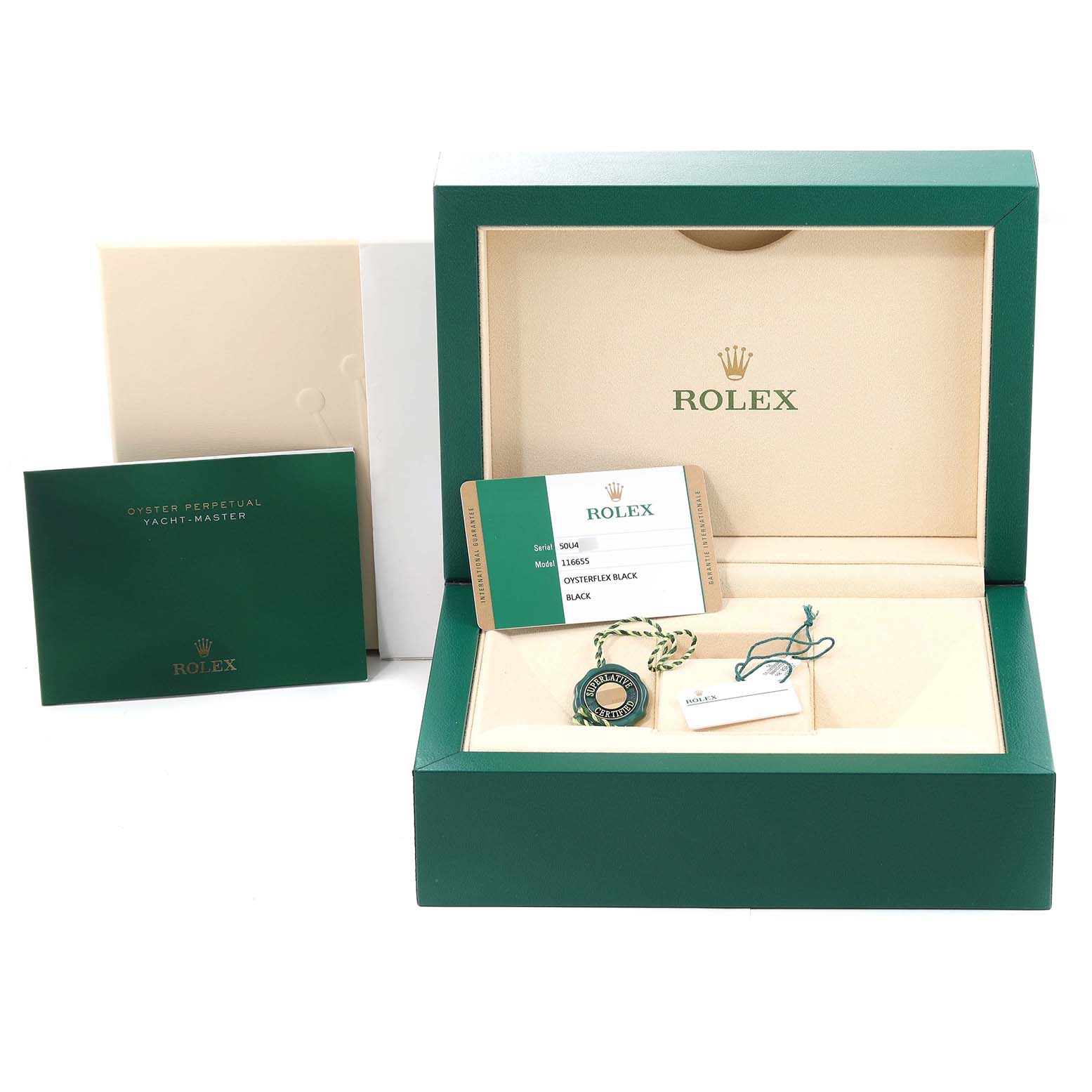 The image shows the packaging, warranty card, and accessories of a Rolex Yacht-Master 116655 Men's Rose Gold Black Dial 116655 Men's Rose Gold Black Dial watch.