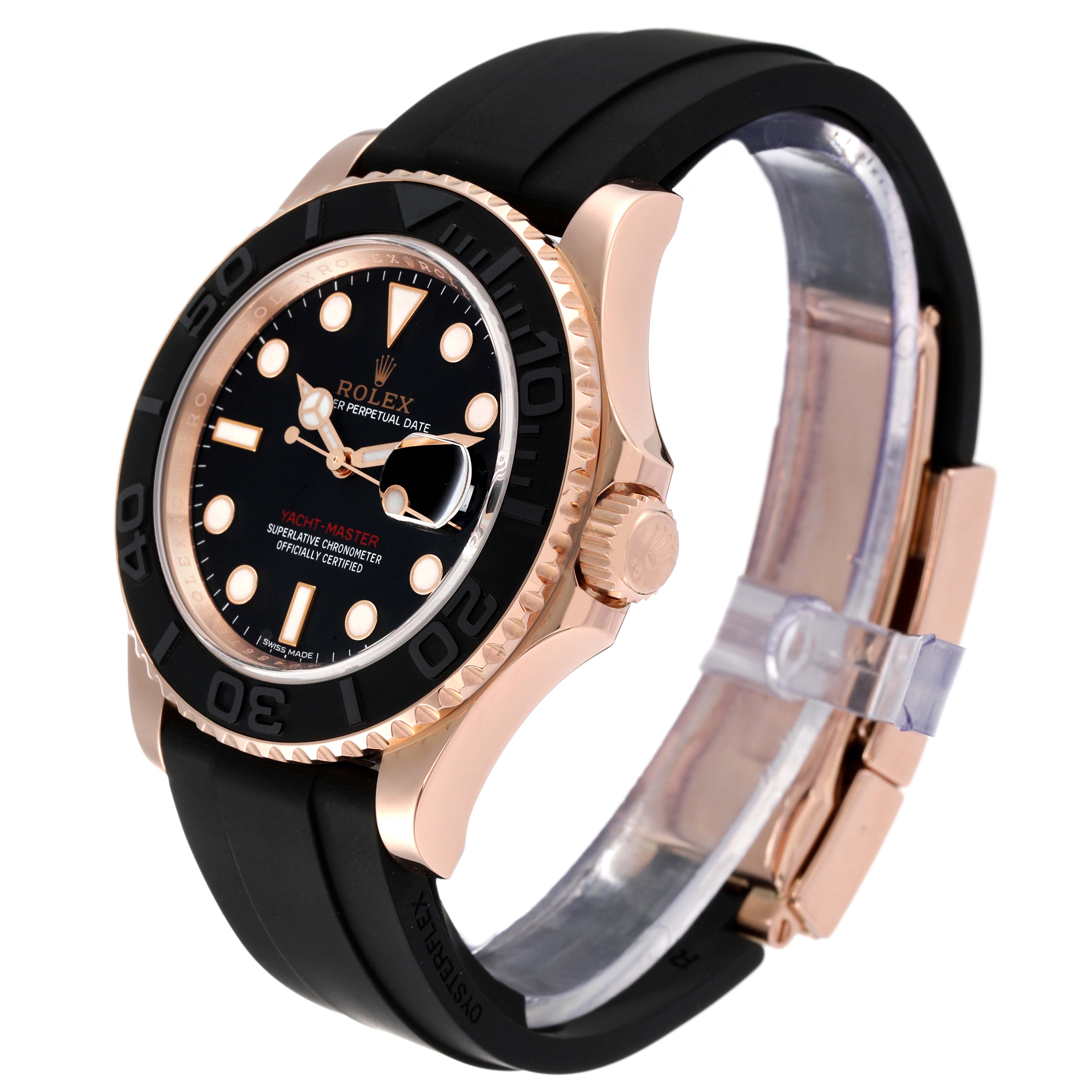 The Rolex Yacht-Master 116655 Men's Rose Gold Black Dial 116655 Men's Rose Gold Black Dial watch is angled to show its face, bezel, crown, and black strap.