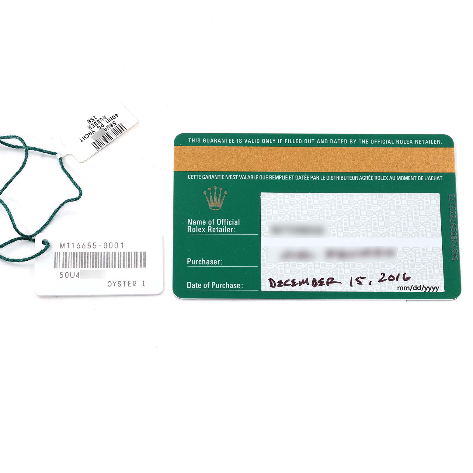 The image shows a tag, a string, and a guarantee card for the Rolex Yacht-Master 116655 Men's Rose Gold Black Dial 116655 Men's Rose Gold Black Dial model.