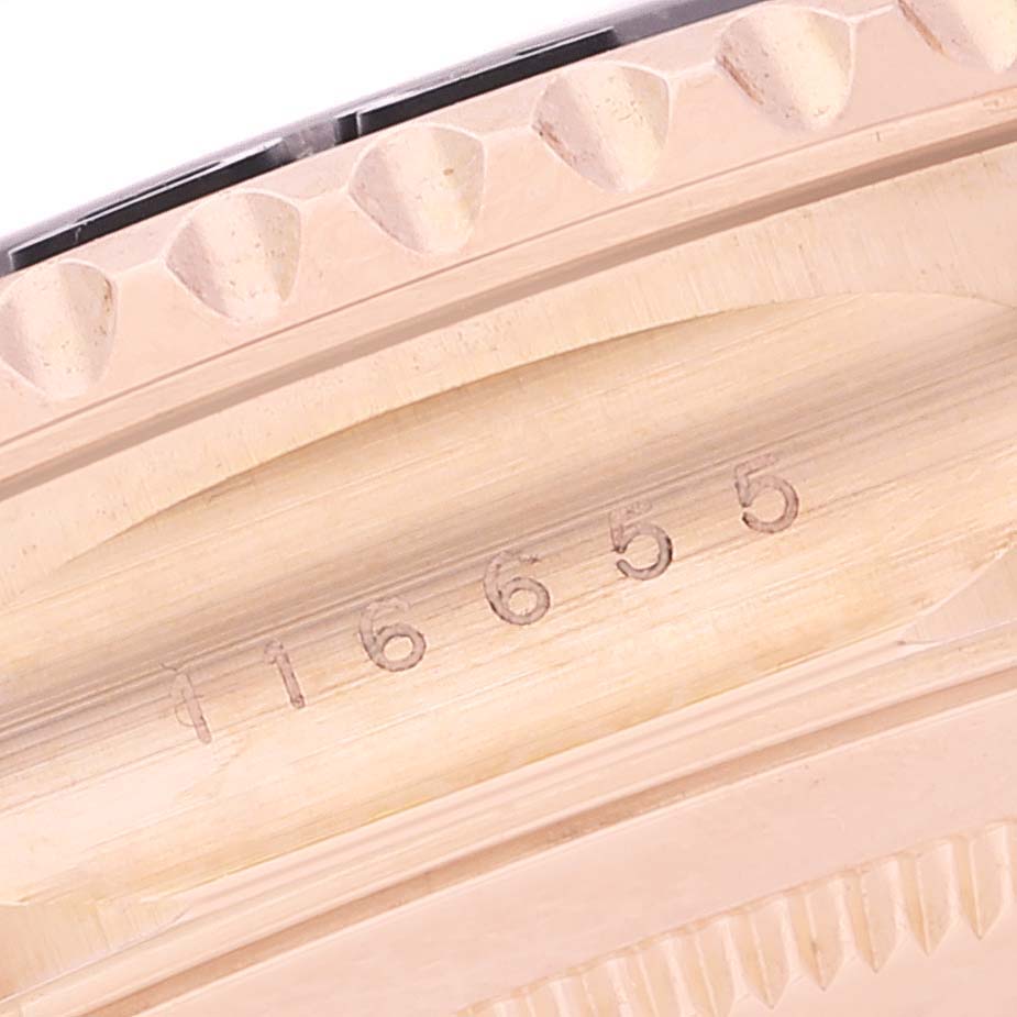 The image shows a close-up of the side and bezel of a Rolex Yacht-Master 116655 Men's Rose Gold Black Dial 116655 Men's Rose Gold Black Dial watch, displaying its model number (116655).