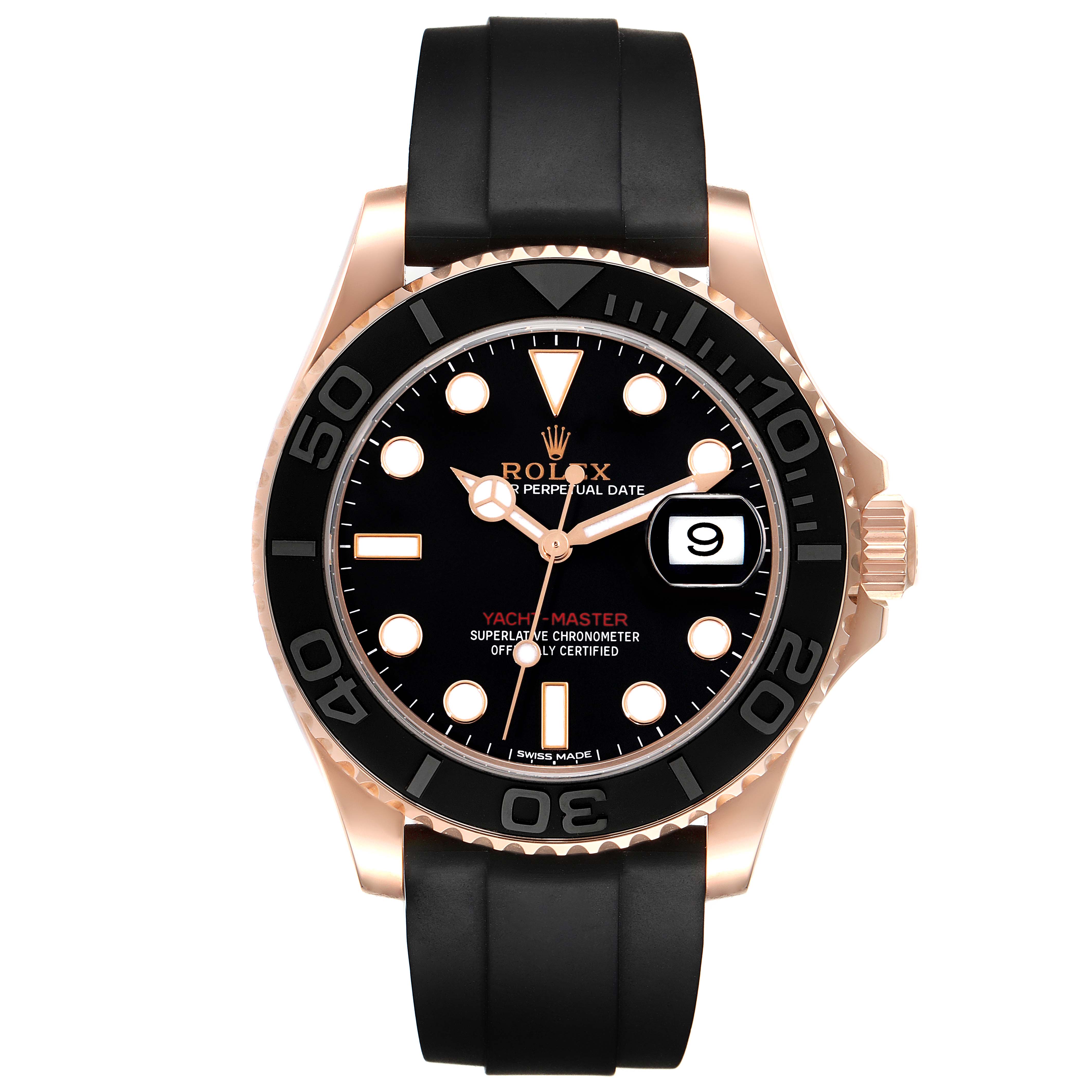 The image shows a top-down view of a Rolex Yacht-Master 116655 Men's Rose Gold Black Dial 116655 Men's Rose Gold Black Dial watch, displaying its face, bezel, and rubber strap.