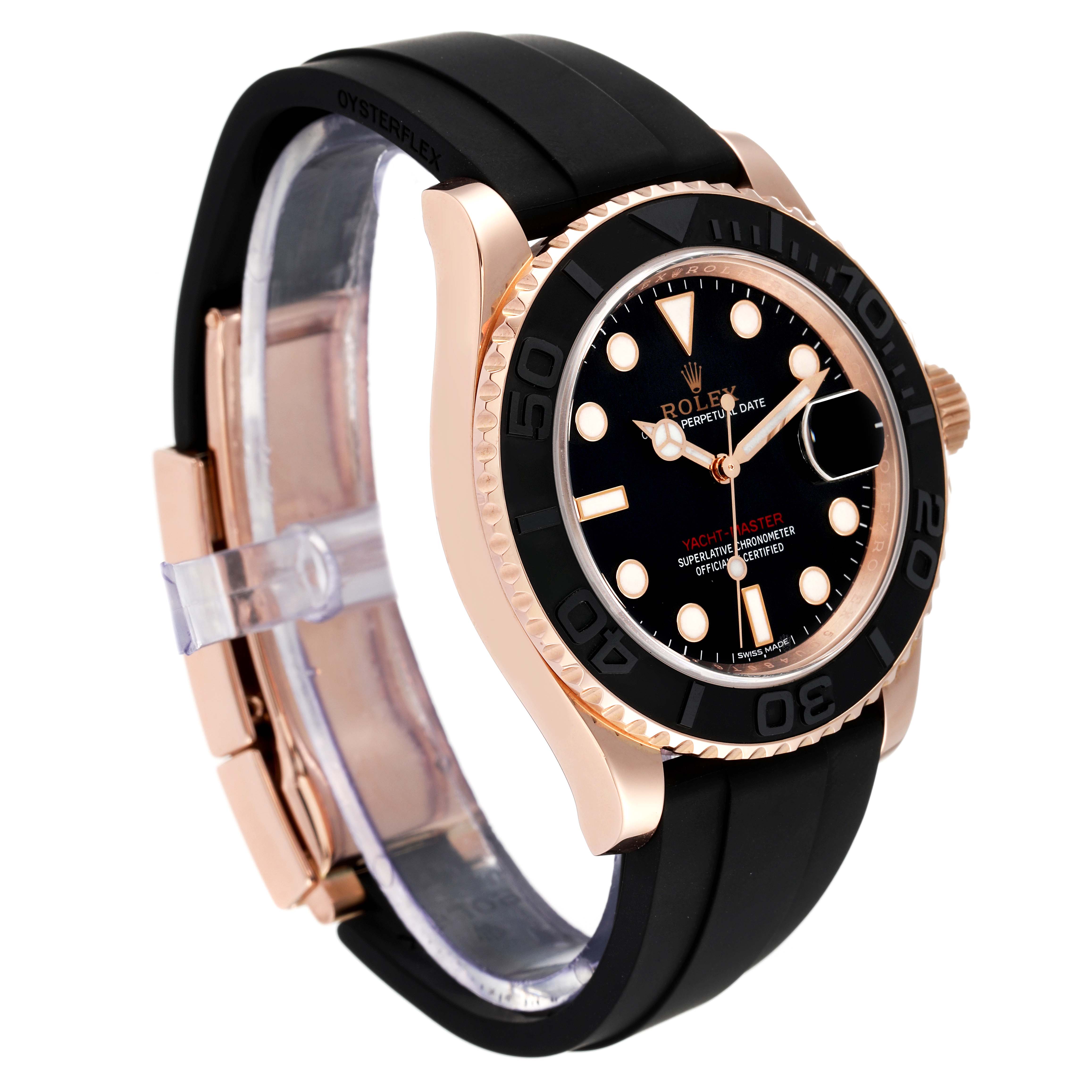 The image shows a side angle of the Rolex Yacht-Master 116655 Men's Rose Gold Black Dial 116655 Men's Rose Gold Black Dial watch, highlighting the black dial, bezel, and Oysterflex strap.
