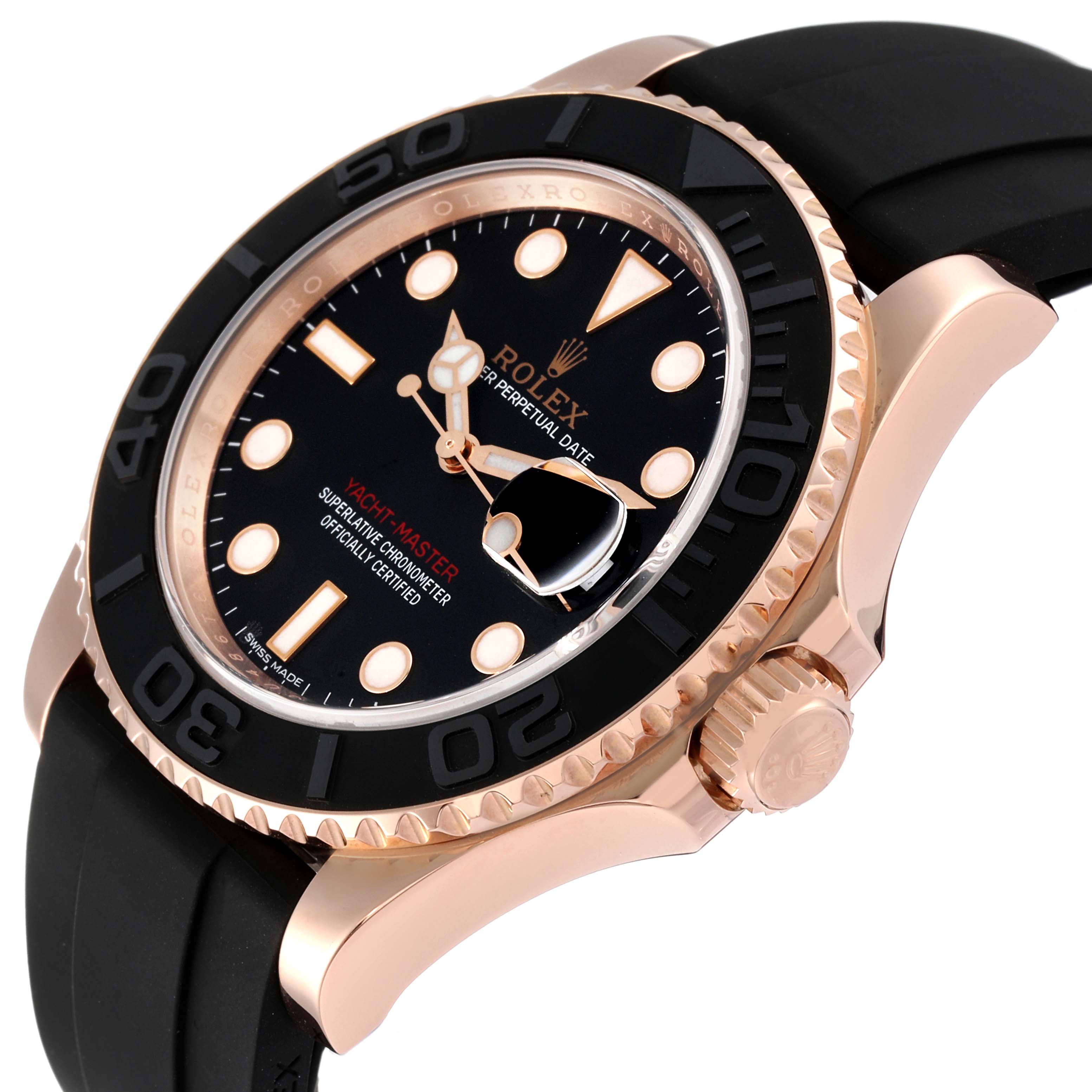 The image shows a side angle of the Rolex Yacht-Master 116655 Men's Rose Gold Black Dial 116655 Men's Rose Gold Black Dial watch, highlighting the dial, bezel, case, and crown.