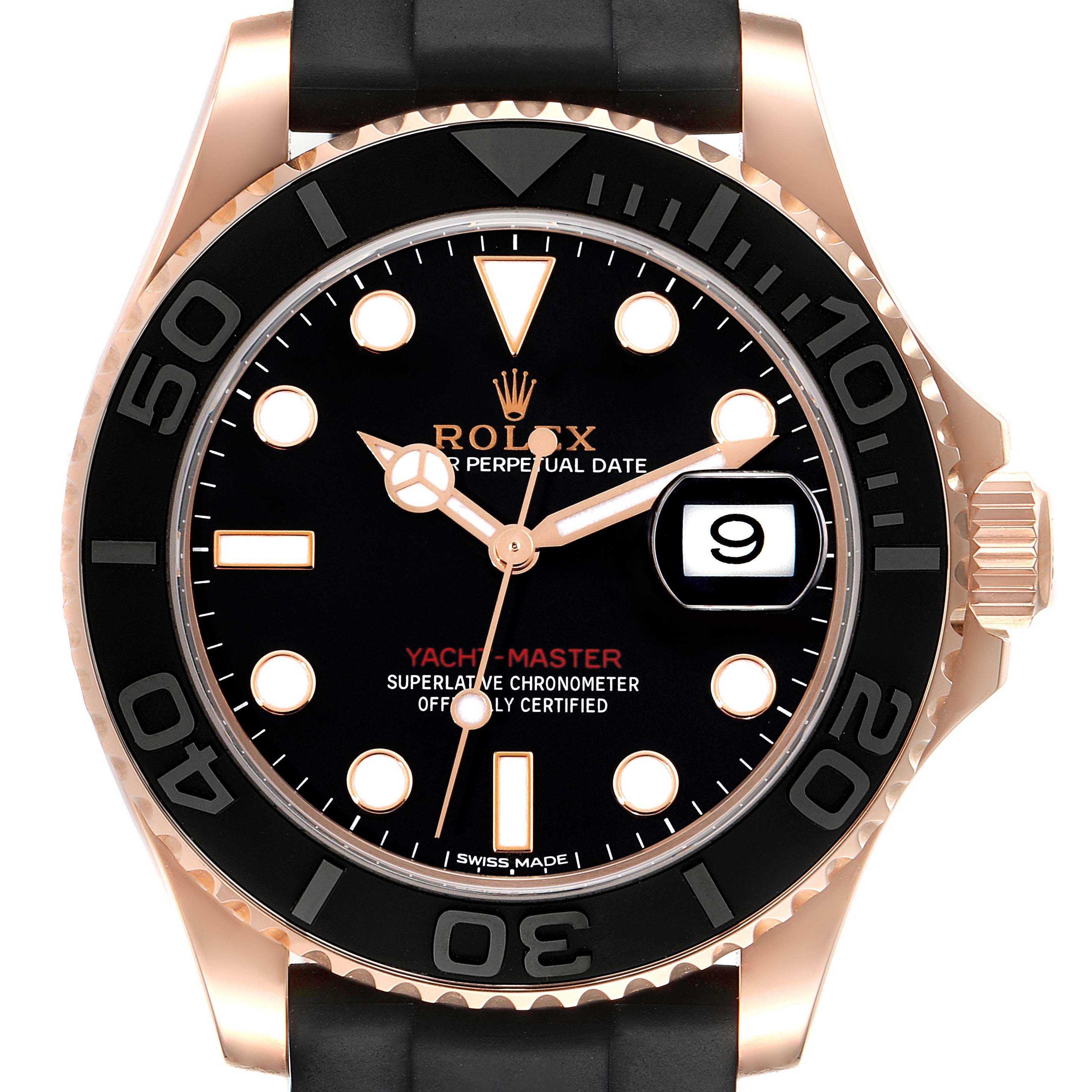 The Rolex Yacht-Master 116655 Men's Rose Gold Black Dial 116655 Men's Rose Gold Black Dial watch is shown from the front, featuring its dial, date window, and bezel.