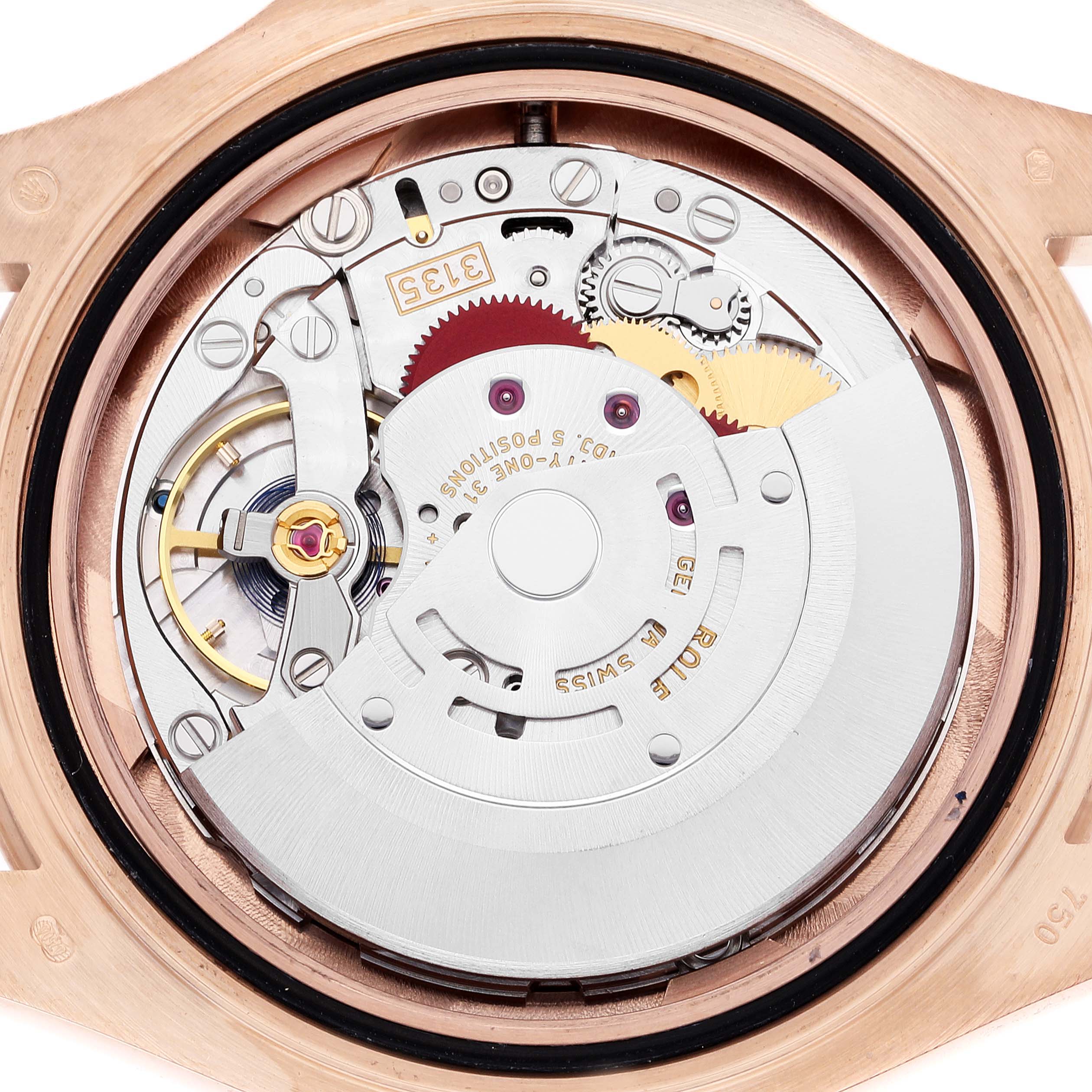This image shows the internal mechanical movement of the Rolex Yacht-Master 116655 Men's Rose Gold Black Dial 116655 Men's Rose Gold Black Dial watch in close-up view.