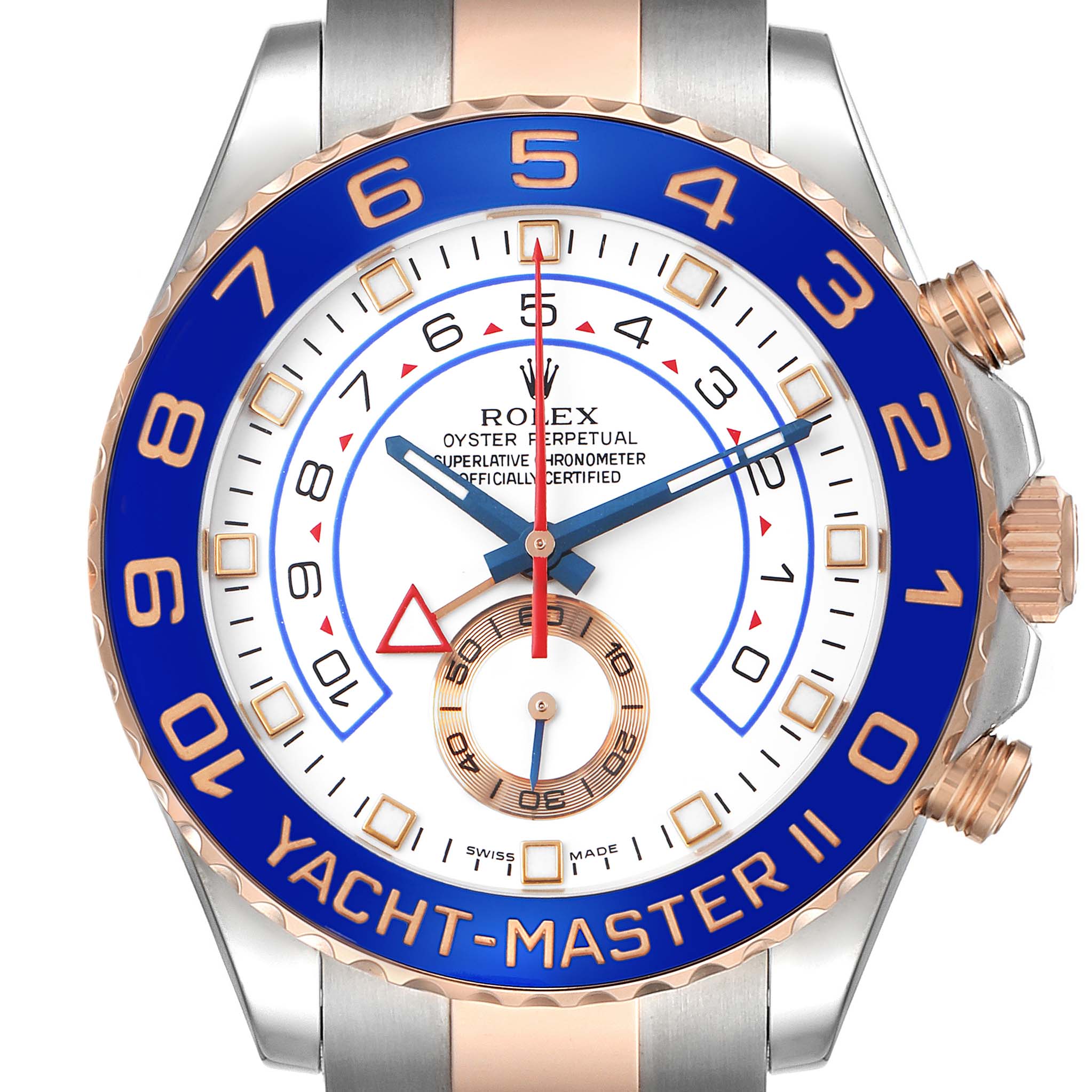The Rolex Yacht-Master 116681 Men's Steel and Gold (two tone) White Dial II is shown from the front, highlighting the blue ceramic bezel, dial, and hands.