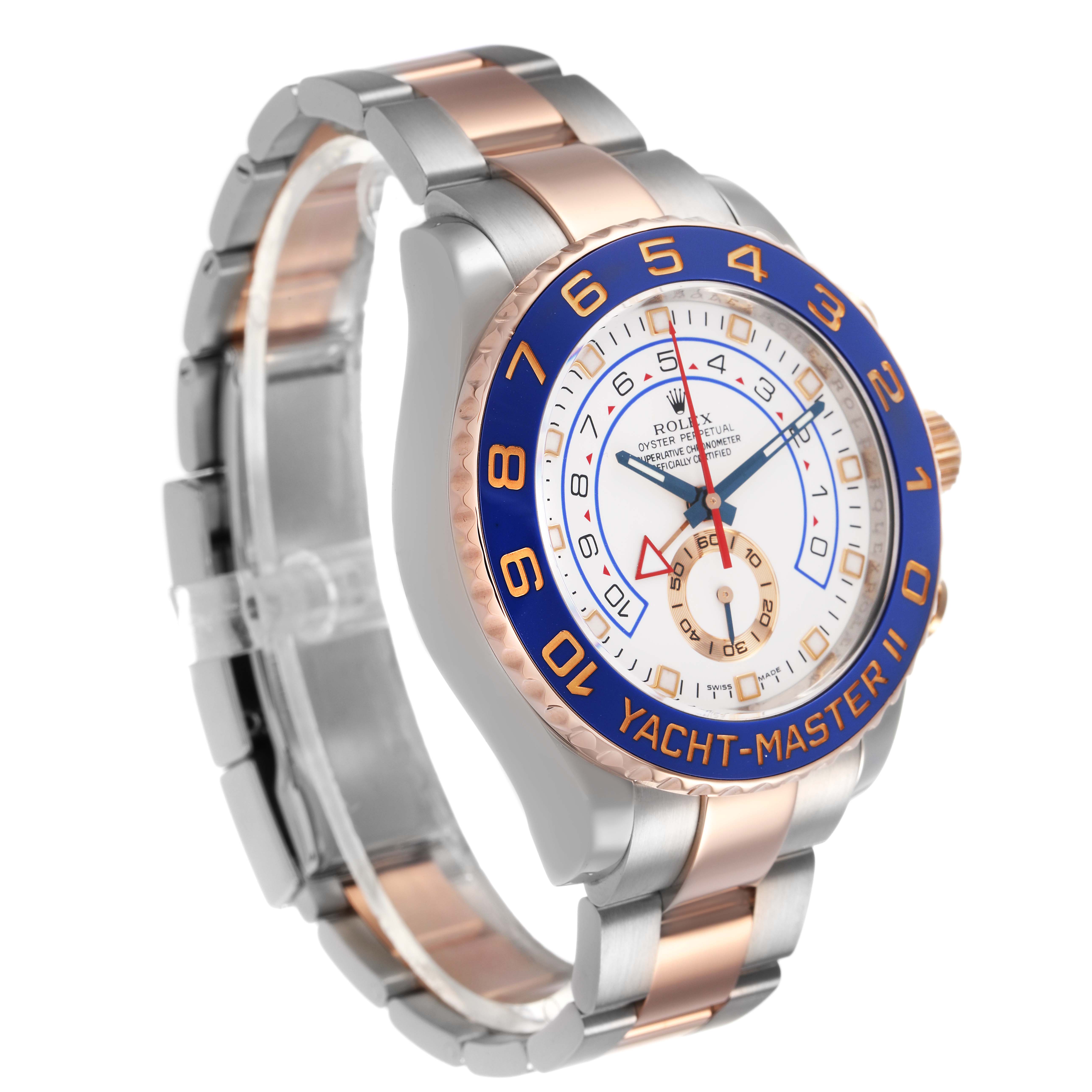 The Rolex Yacht-Master 116681 Men's Steel and Gold (two tone) White Dial watch is shown at a side angle, highlighting the bezel, dial, and bracelet.