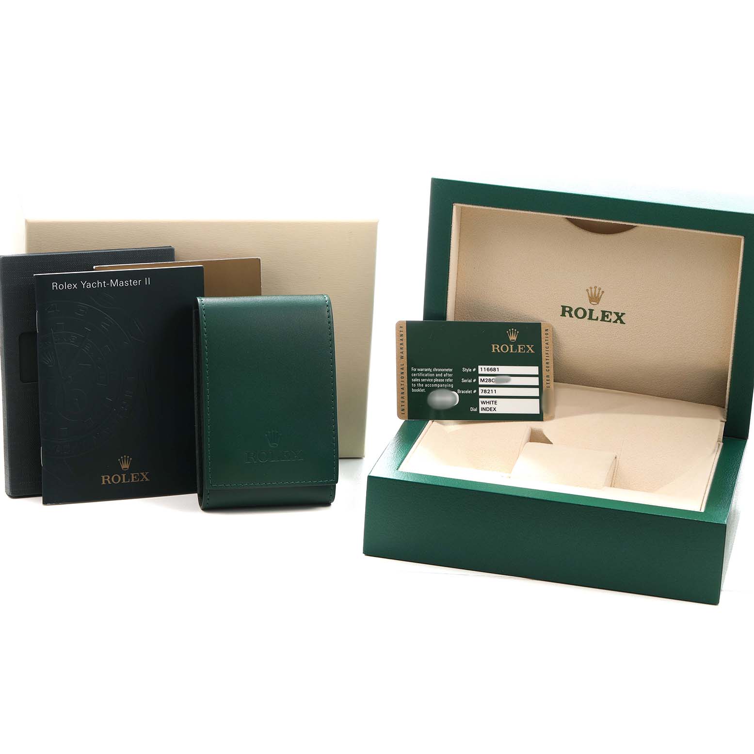 The image shows a Rolex Yacht-Master 116681 Men's Steel and Gold (two tone) White Dial package with the box, warranty card, and booklet visible from the front.