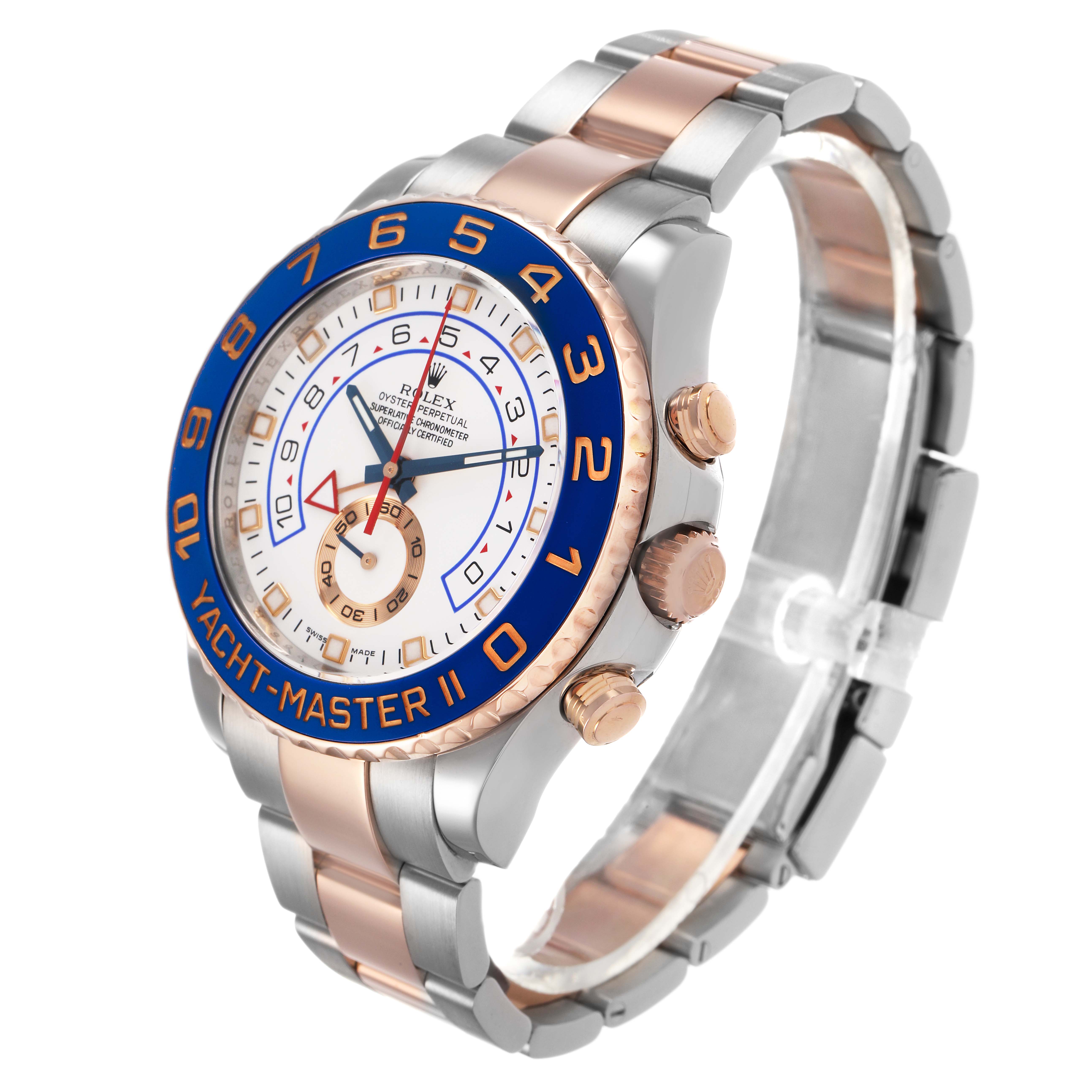 The Rolex Yacht-Master 116681 Men's Steel and Gold (two tone) White Dial watch is shown from a three-quarter angle, displaying the face, bezel, crown, and part of the bracelet.