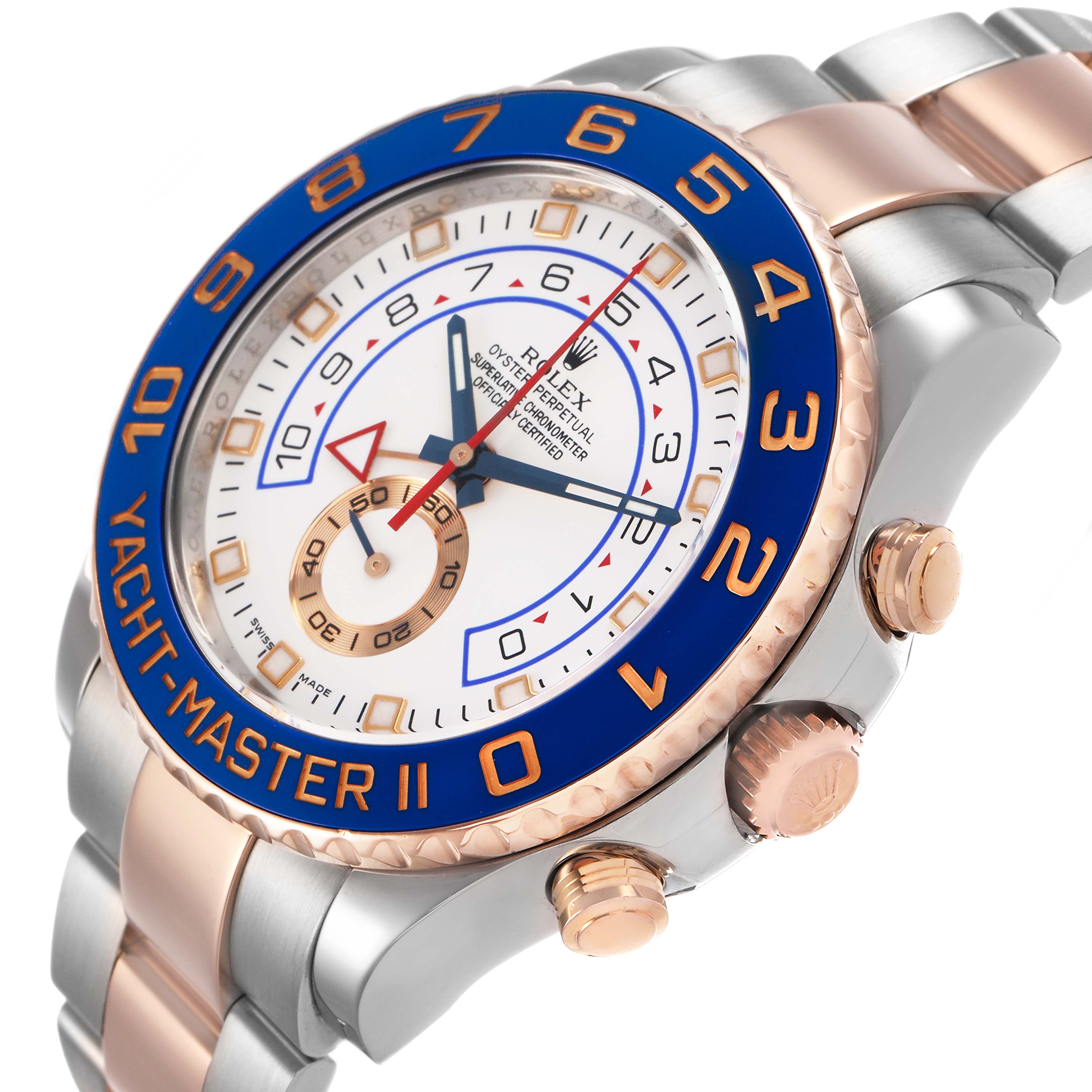 The image shows a Rolex Yacht-Master 116681 Men's Steel and Gold (two tone) White Dial model at an angled side view, highlighting the dial, bezel, and part of the bracelet.