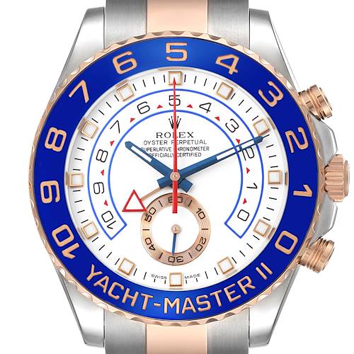 The Rolex Yacht-Master 116681 Men's Steel and Gold (two tone) White Dial II is shown from the front, displaying its dial, bezel, and crown.