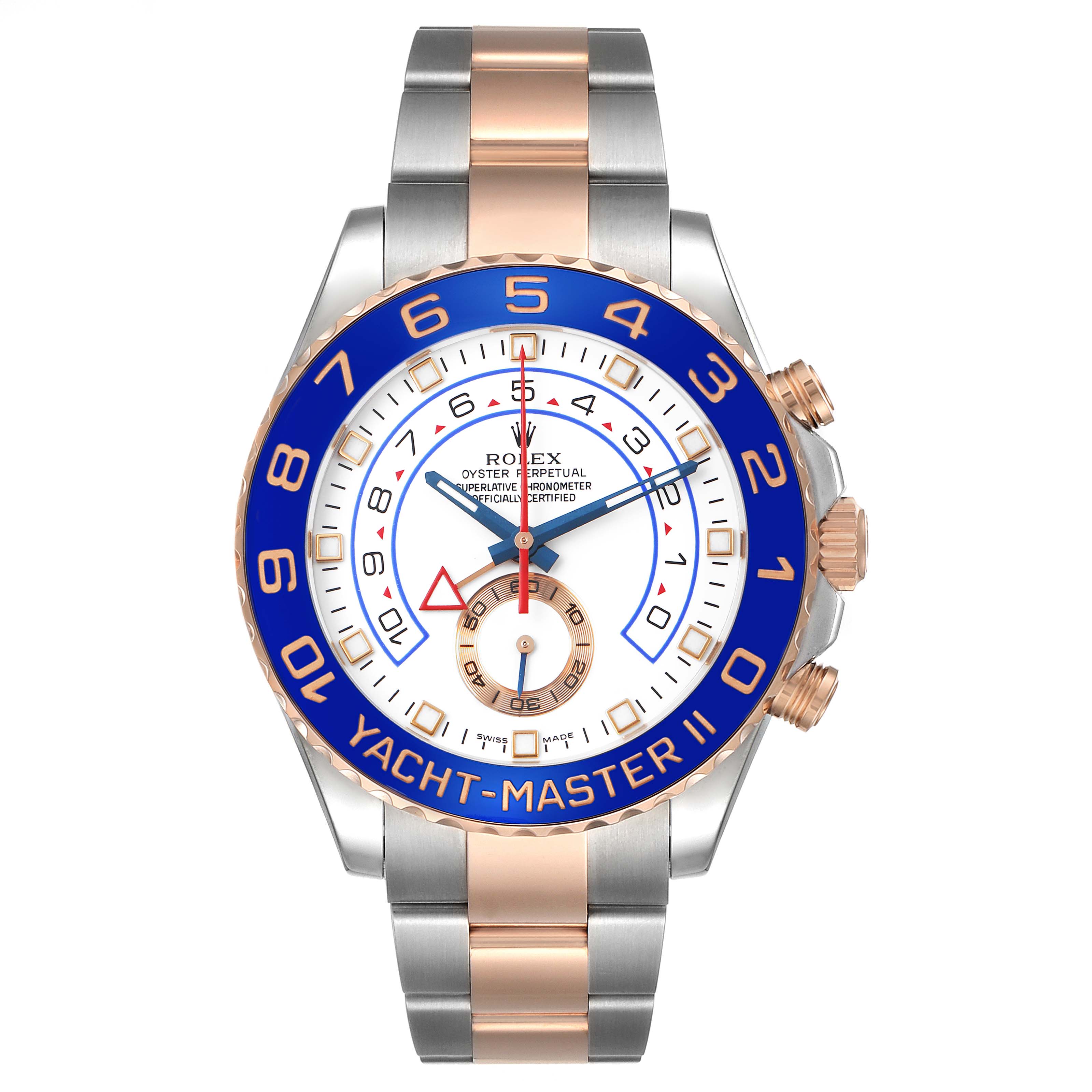 The Rolex Yacht-Master 116681 Men's Steel and Gold (two tone) White Dial model is shown from a frontal angle, displaying the face, bezel, and bracelet.