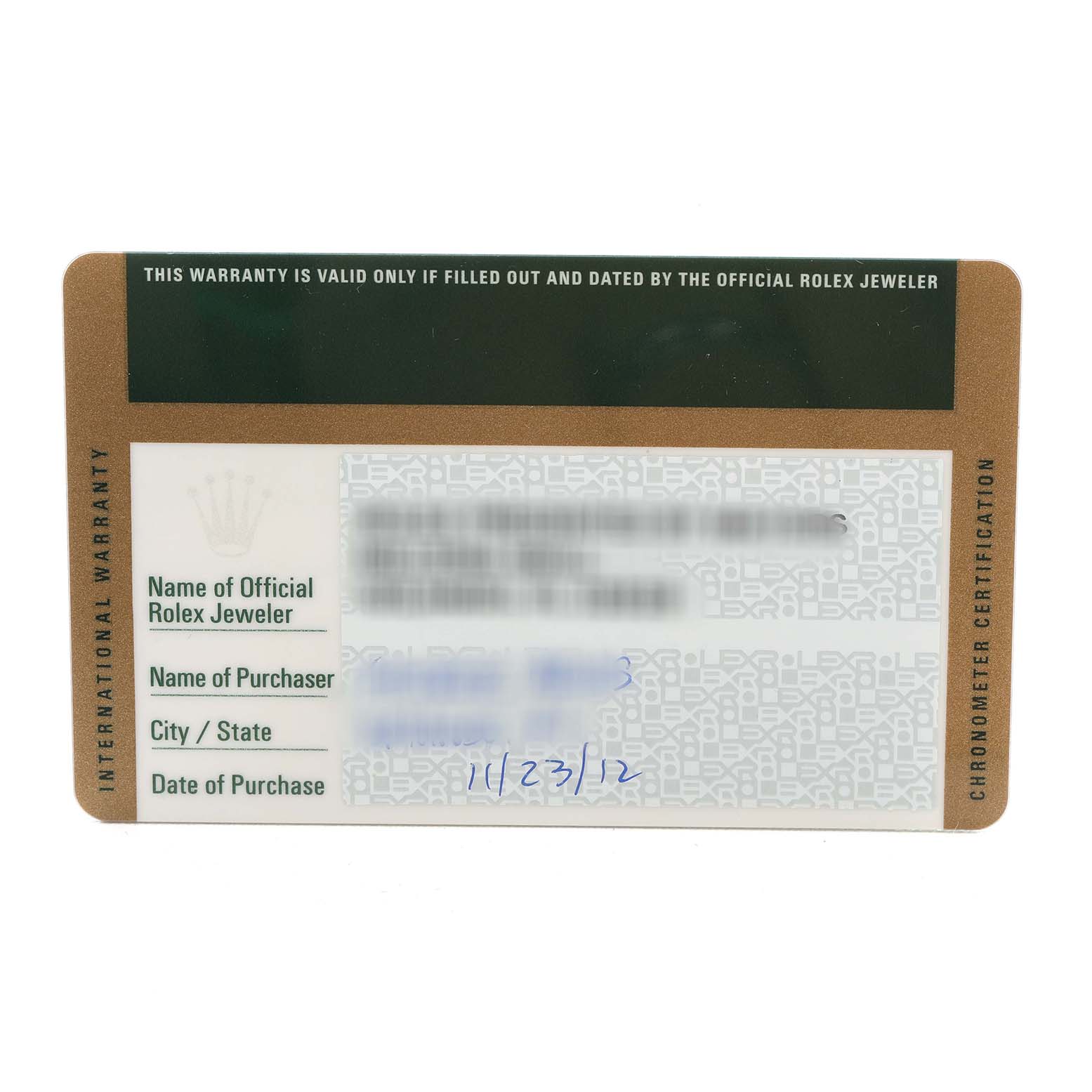 The image shows a warranty card for a Rolex Yacht-Master 116681 Men's Steel and Gold (two tone) White Dial, featuring details like the jeweler's name and purchase date.