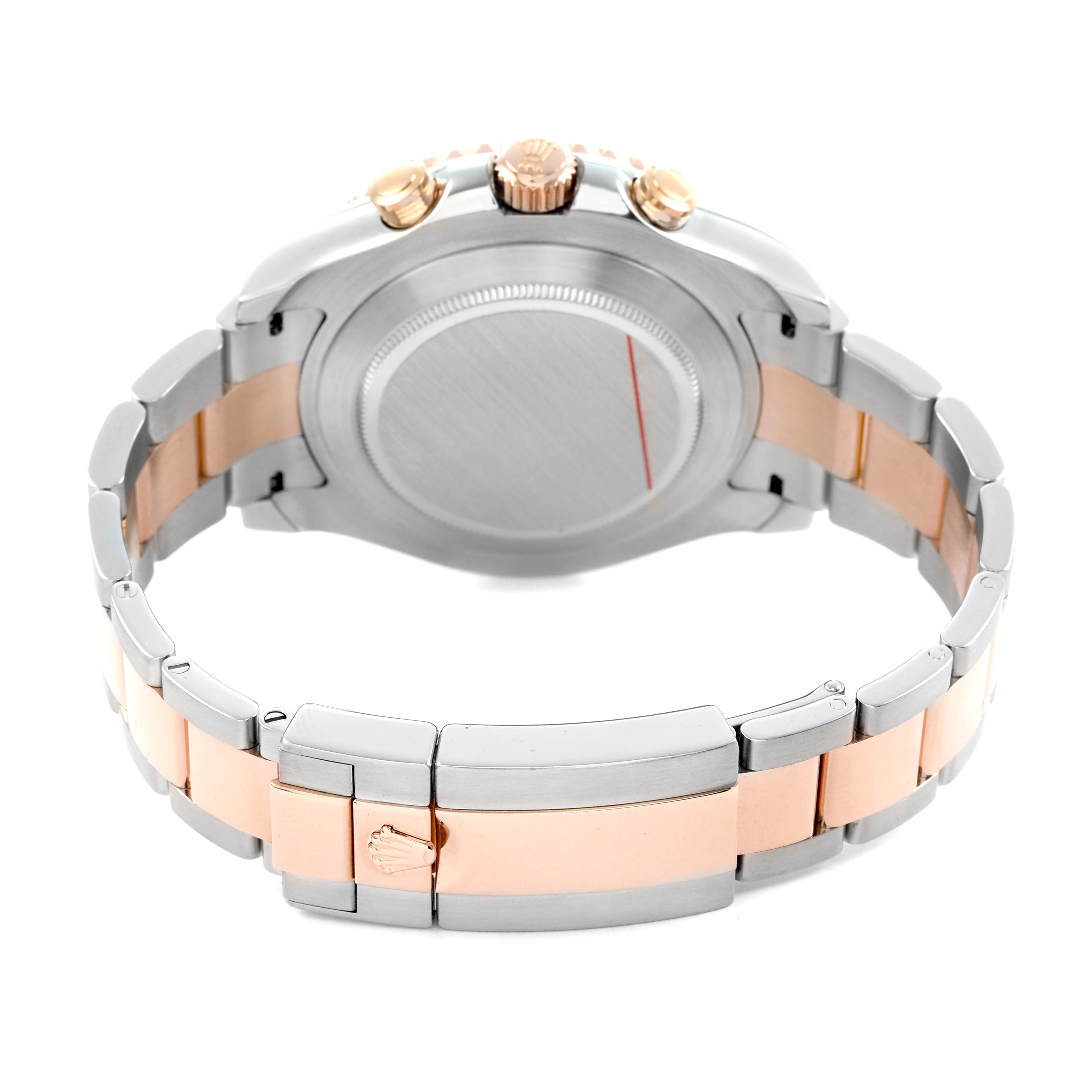 The image shows the back view of a Rolex Yacht-Master 116681 Men's Steel and Gold (two tone) White Dial watch, highlighting its case back, bracelet, and clasp.