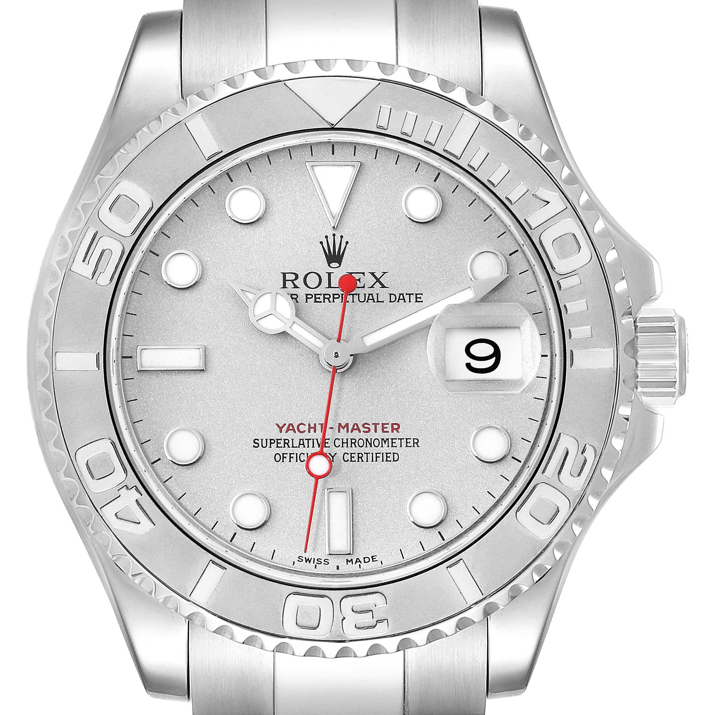 The image shows a front view of the Rolex Yacht-Master 16622 Men
s Stainless Steel Silver Dial 16622 Men
s Stainless Steel Silver Dial watch, detailing the face, bezel, and part of the bracelet.