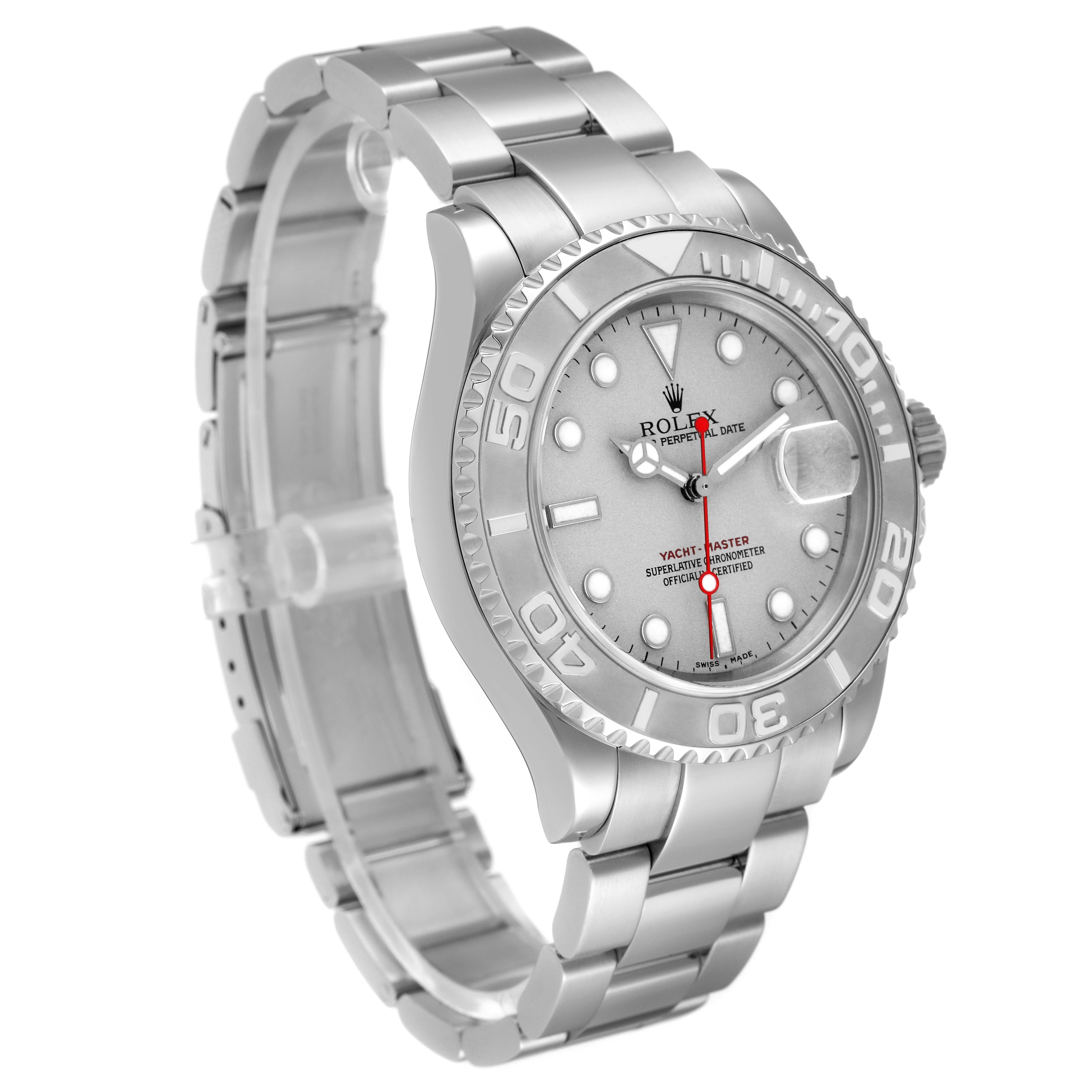 This image shows a Rolex Yacht-Master 16622 Men
s Stainless Steel Silver Dial 16622 Men
s Stainless Steel Silver Dial watch angled slightly to the left, highlighting the dial, bezel, case, and part of the bracelet.