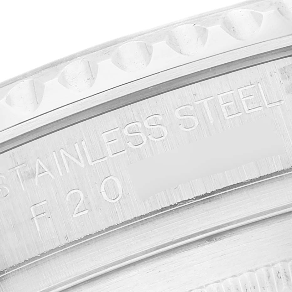 The image shows a close-up of the watch case back of a Rolex Yacht-Master 16622 Men
s Stainless Steel Silver Dial 16622 Men
s Stainless Steel Silver Dial, focusing on the stainless steel engraving.