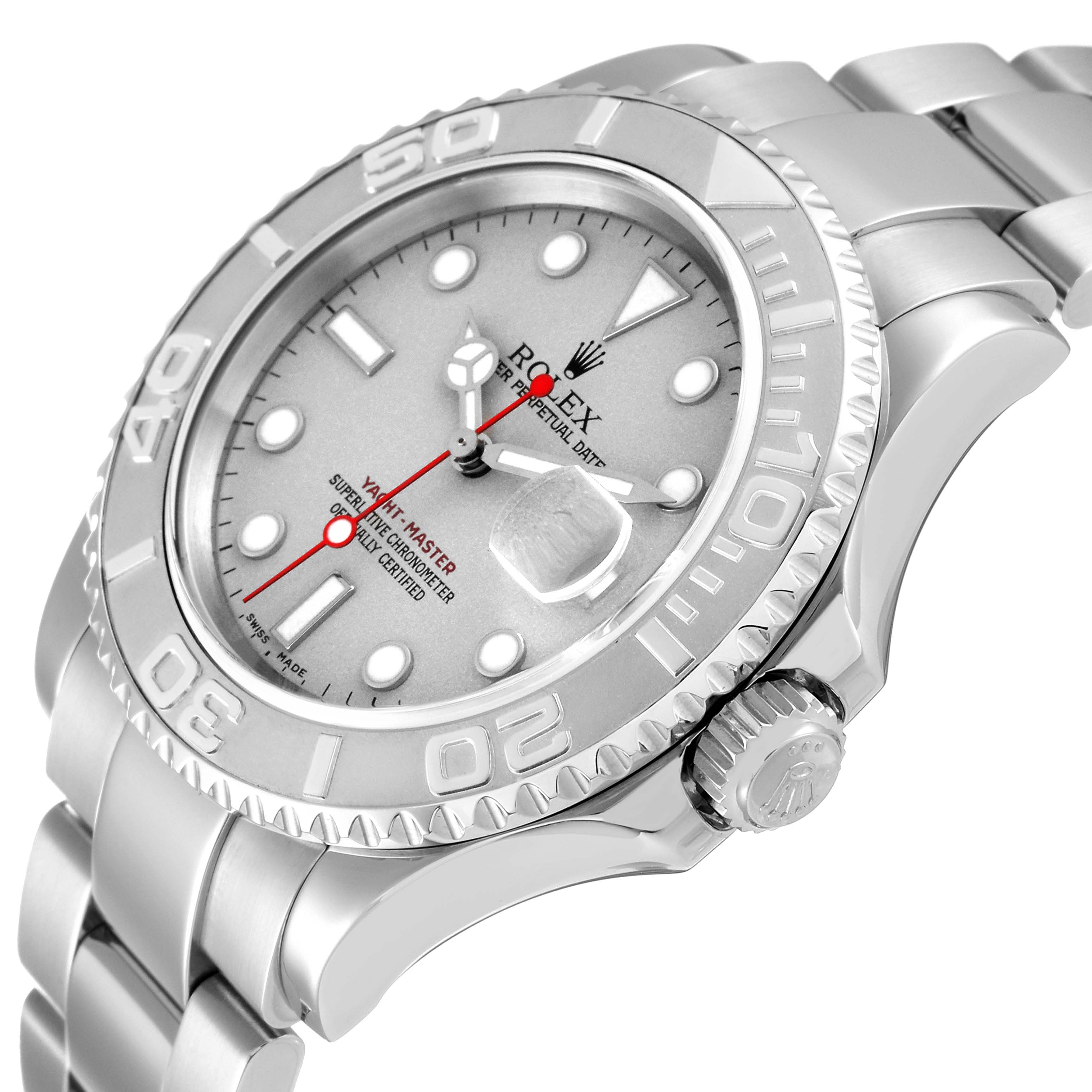 This image shows a close-up of the Rolex Yacht-Master 16622 Men
s Stainless Steel Silver Dial 16622 Men
s Stainless Steel Silver Dial watch at a slight angle, highlighting the face, bezel, and bracelet.