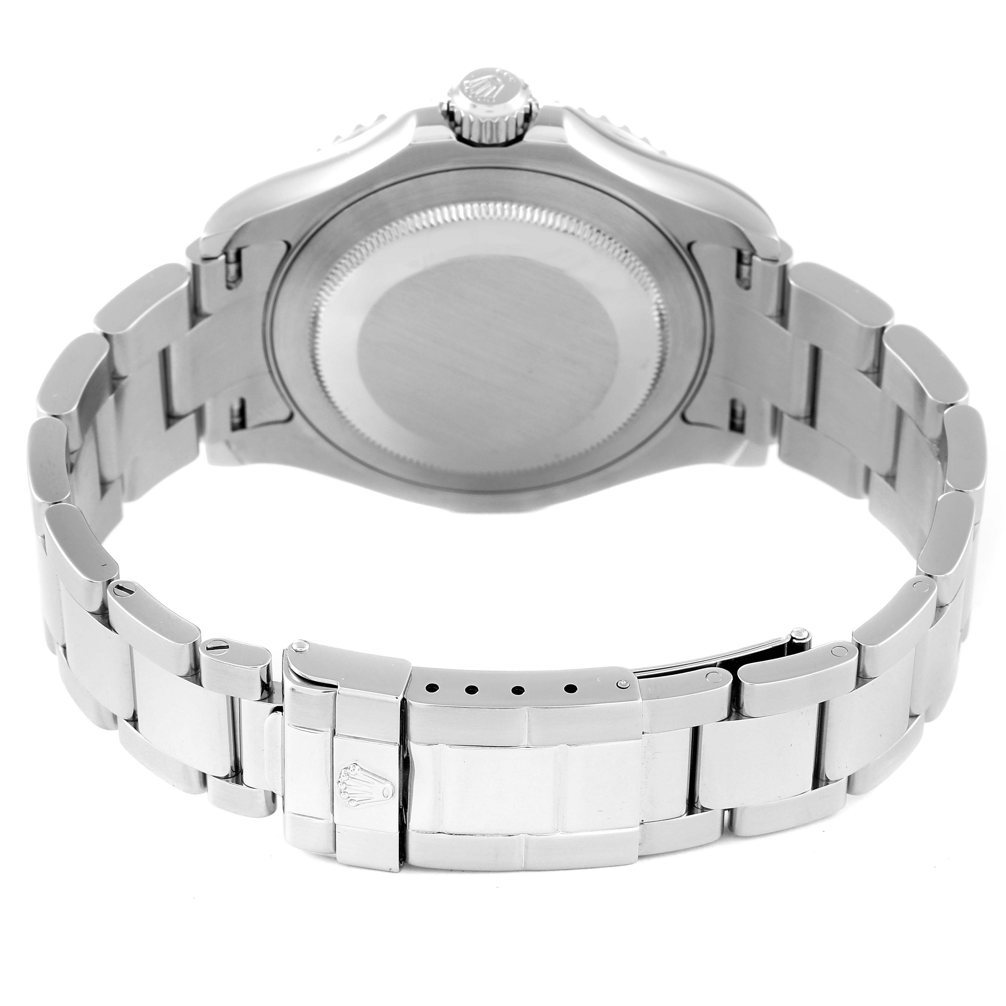 The image shows the back and bracelet of a Rolex Yacht-Master 16622 Men
s Stainless Steel Silver Dial 16622 Men
s Stainless Steel Silver Dial watch at a rear angle.