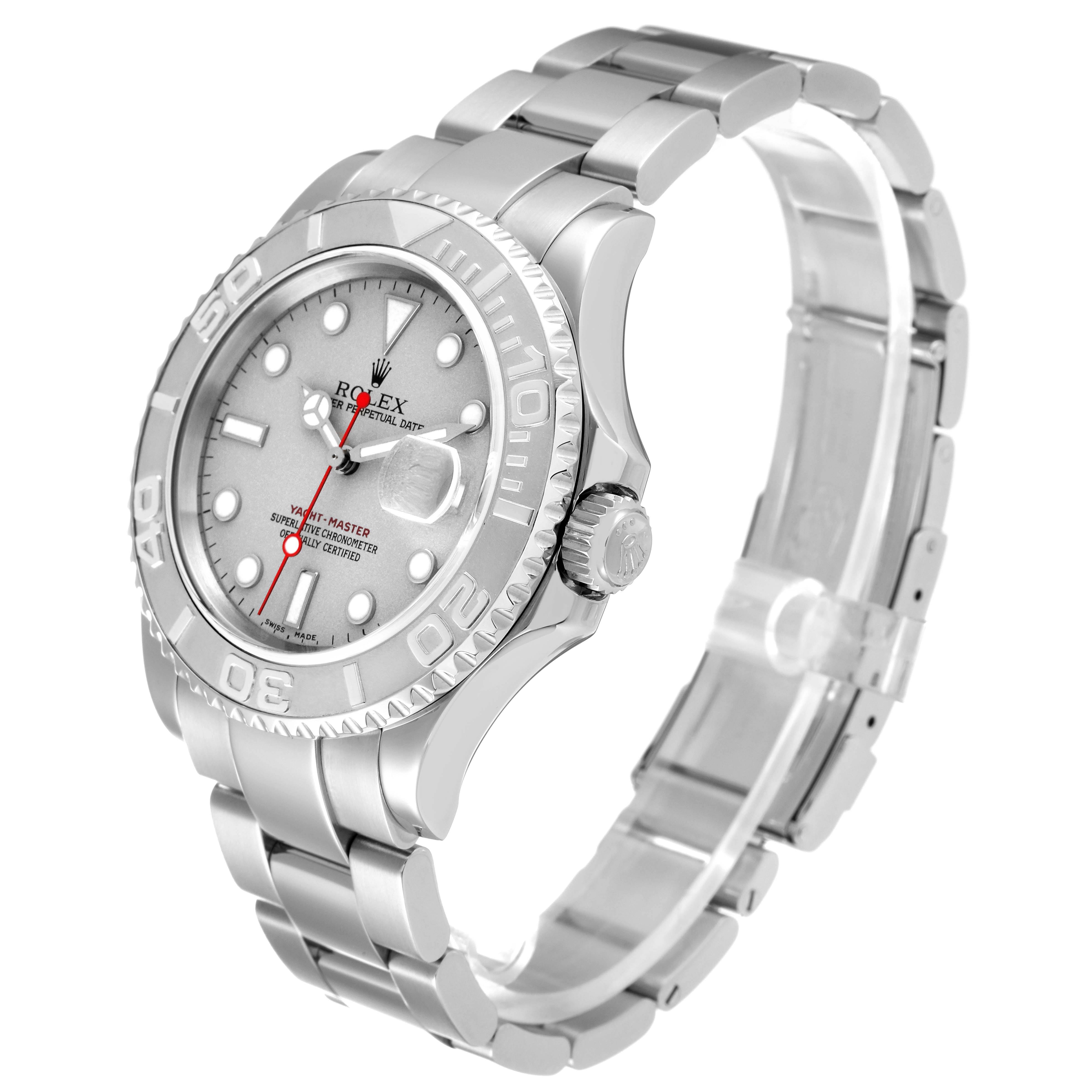 This image shows a Rolex Yacht-Master 16622 Men
s Stainless Steel Silver Dial 16622 Men
s Stainless Steel Silver Dial watch viewed from an angled side profile, displaying the face, bezel, crown, and bracelet.
