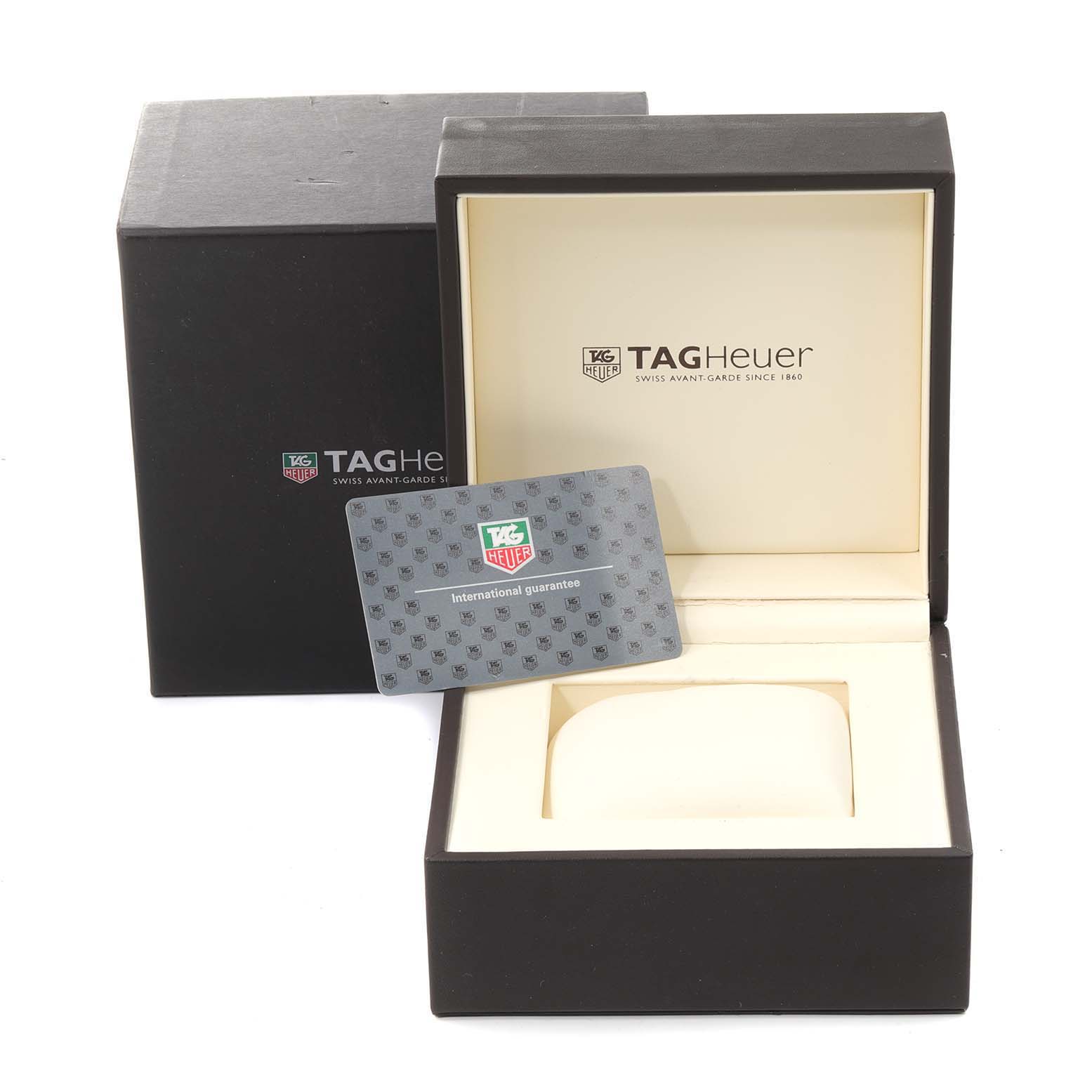 The image shows the packaging box and international guarantee card for the Tag Heuer Autavia CY2111 Men's Stainless Steel Black Dial CY2111 Men's Stainless Steel Black Dial model watch.
