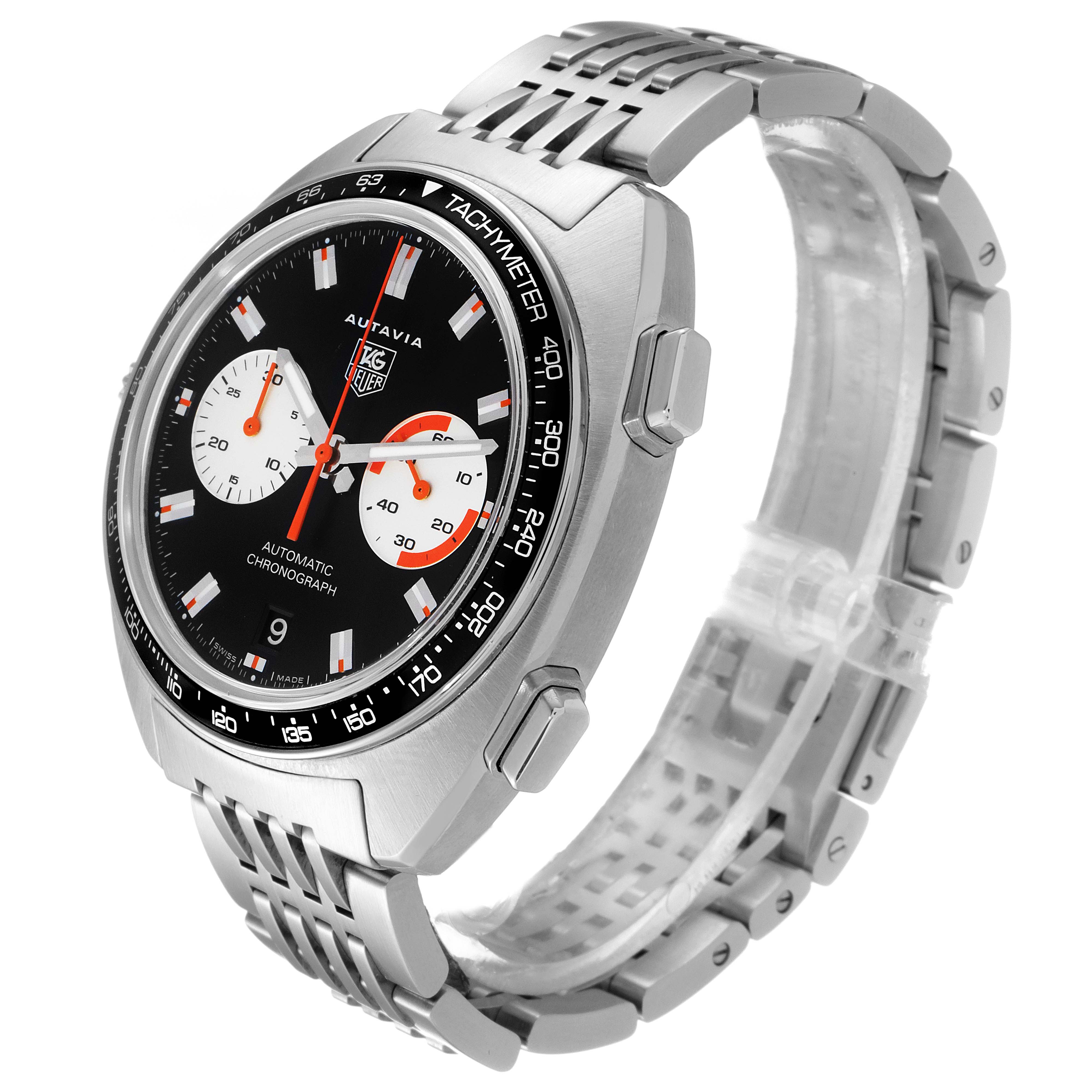 The image shows a Tag Heuer Autavia CY2111 Men's Stainless Steel Black Dial CY2111 Men's Stainless Steel Black Dial chronograph watch at a three-quarter angle, highlighting the stainless steel case and bracelet.