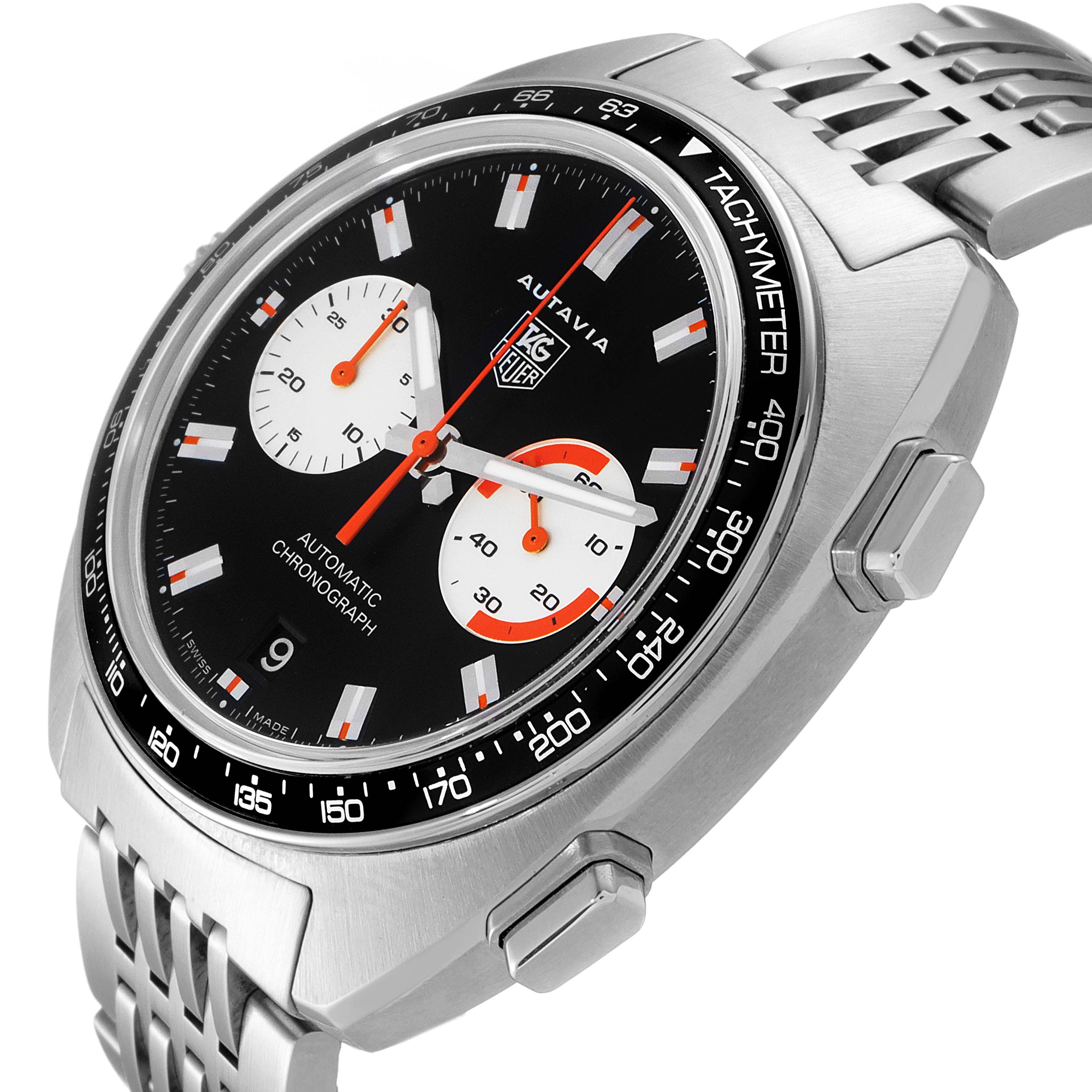 This image shows a side angle of the Tag Heuer Autavia CY2111 Men's Stainless Steel Black Dial CY2111 Men's Stainless Steel Black Dial watch, highlighting the face, tachymeter, and metal bracelet.