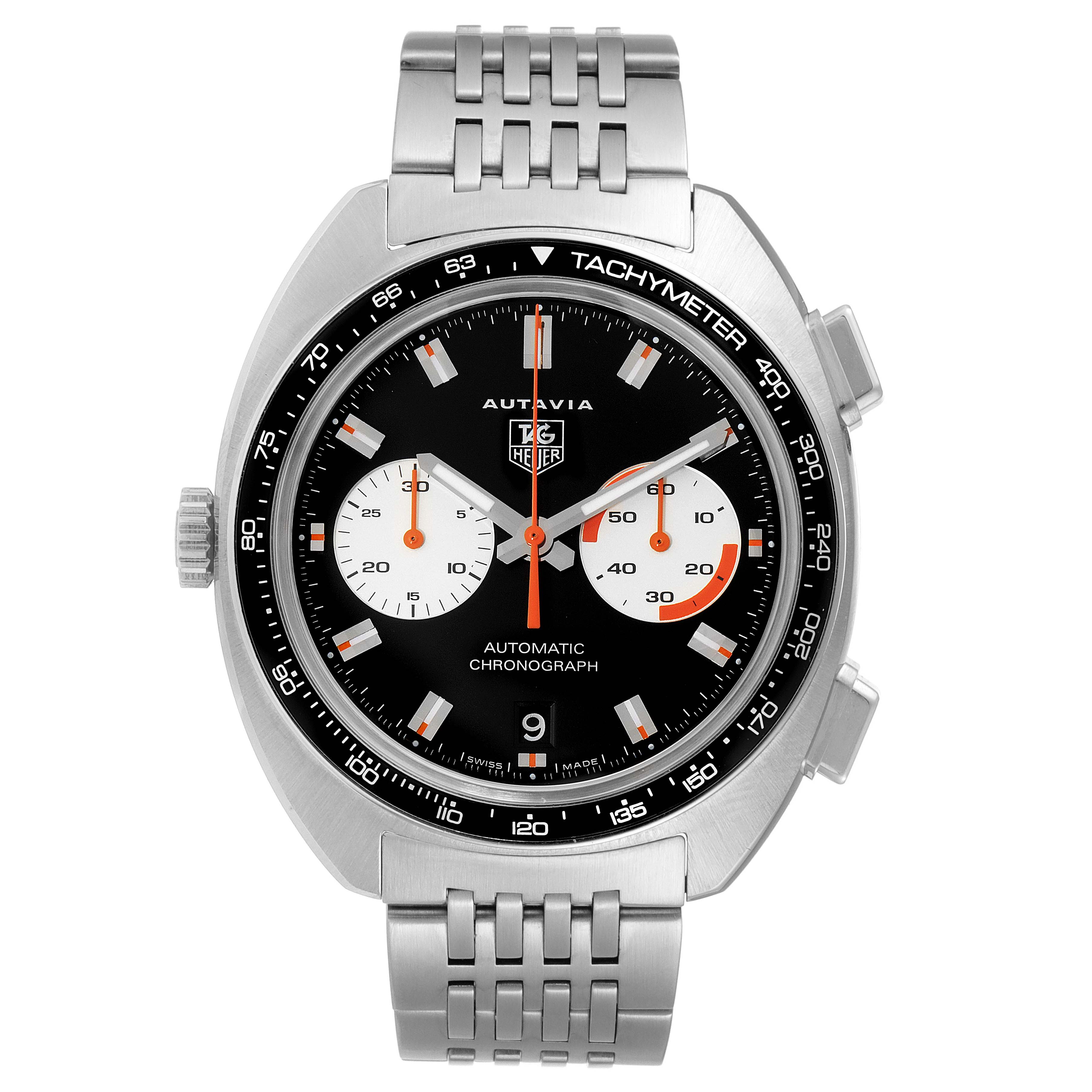The image shows a front view of the Tag Heuer Autavia CY2111 Men's Stainless Steel Black Dial CY2111 Men's Stainless Steel Black Dial watch, highlighting its dial, tachymeter, and stainless steel bracelet.