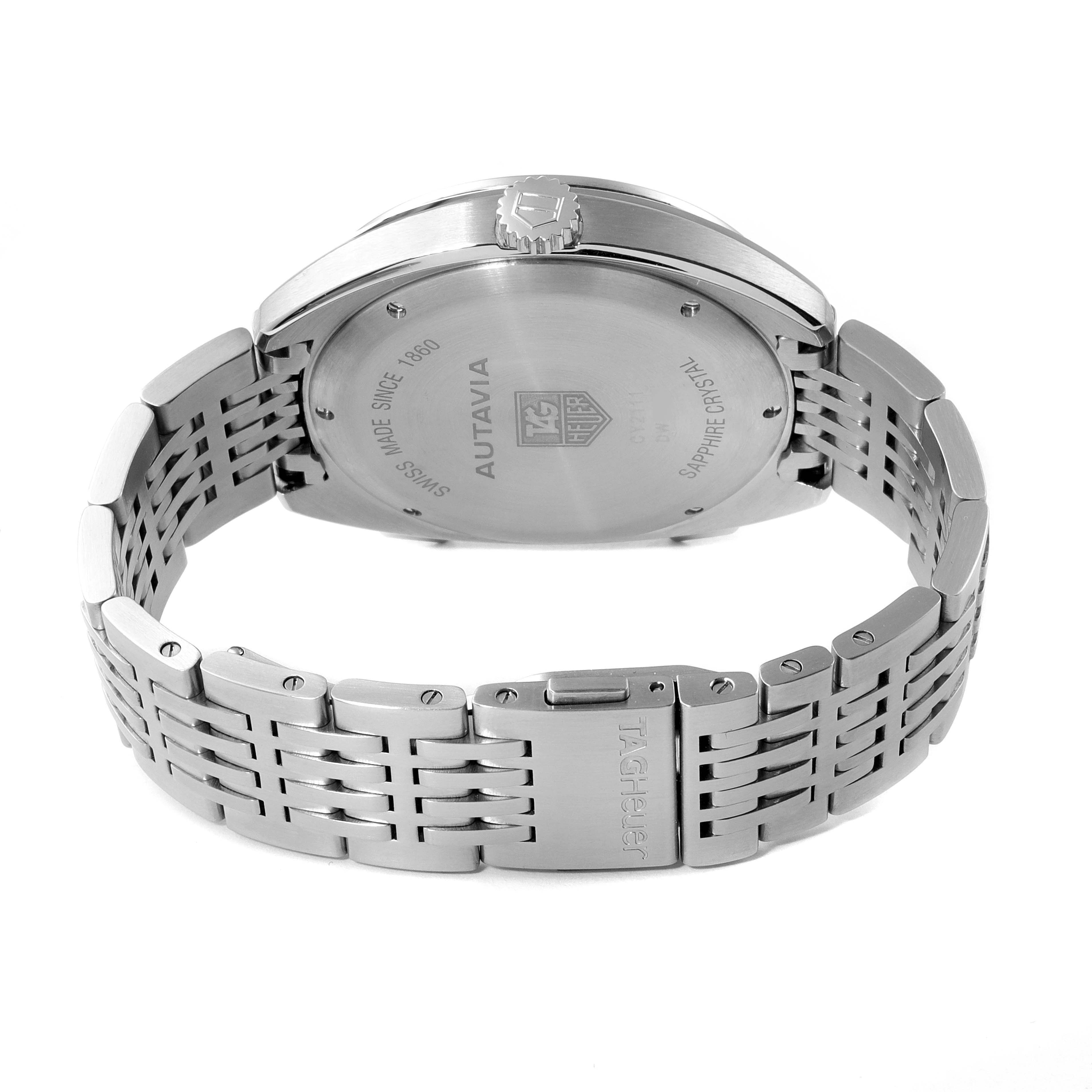 The image shows the back view of a Tag Heuer Autavia CY2111 Men's Stainless Steel Black Dial CY2111 Men's Stainless Steel Black Dial watch, highlighting its stainless steel case and bracelet.