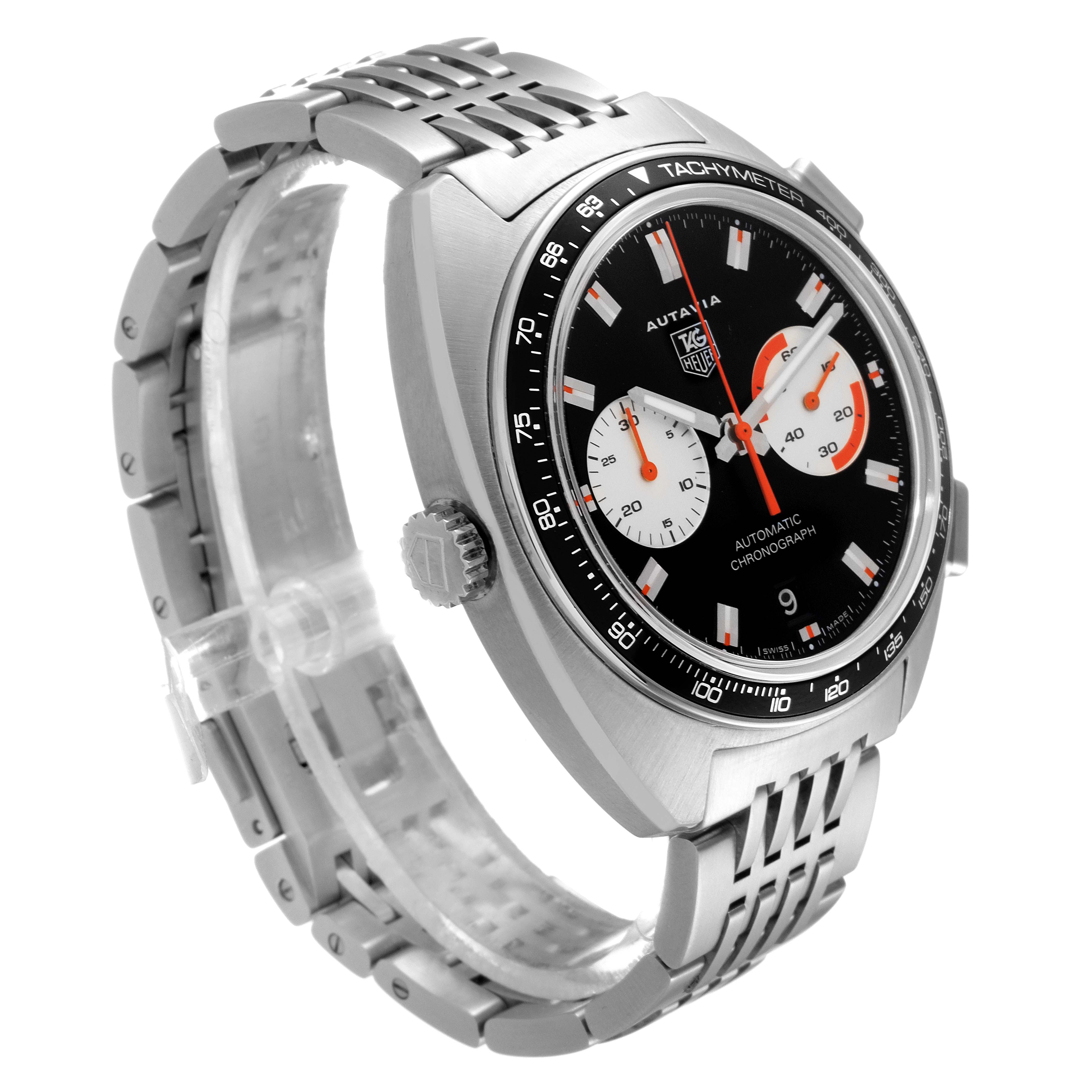 This image shows the Tag Heuer Autavia CY2111 Men's Stainless Steel Black Dial CY2111 Men's Stainless Steel Black Dial watch from a three-quarter angle, highlighting the dial, tachymeter bezel, and stainless steel bracelet.