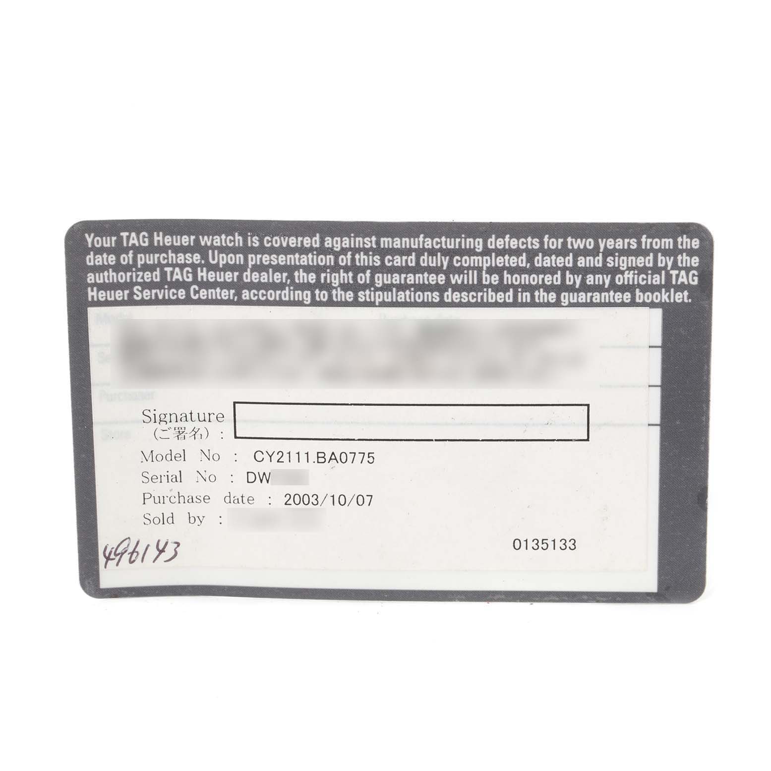The image shows a TAG Heuer warranty card for the Autavia model, displaying model and serial numbers, purchase date, and signature area.