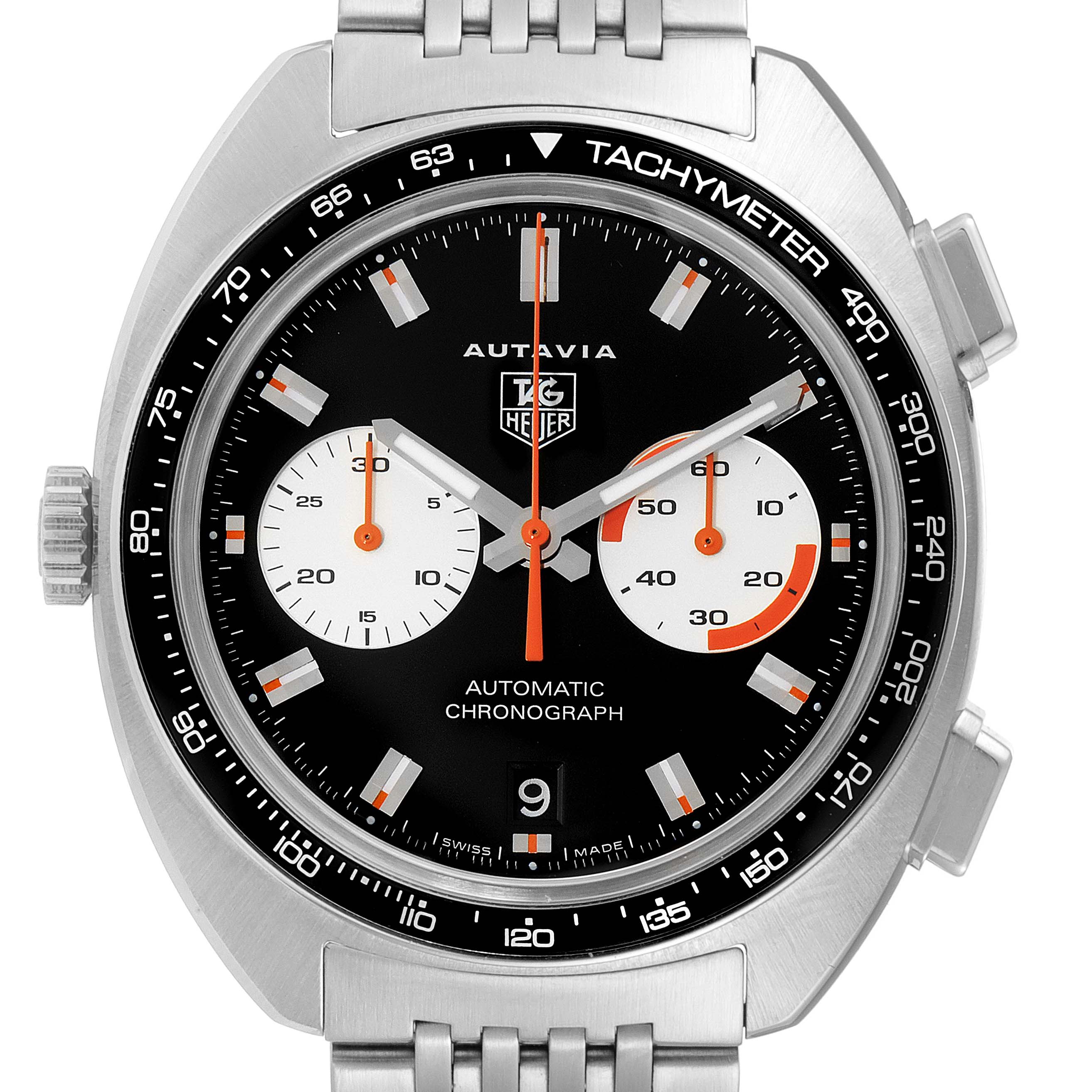 Front view of the Tag Heuer Autavia CY2111 Men's Stainless Steel Black Dial CY2111 Men's Stainless Steel Black Dial watch, showing its dial, tachymeter bezel, and stainless steel bracelet.