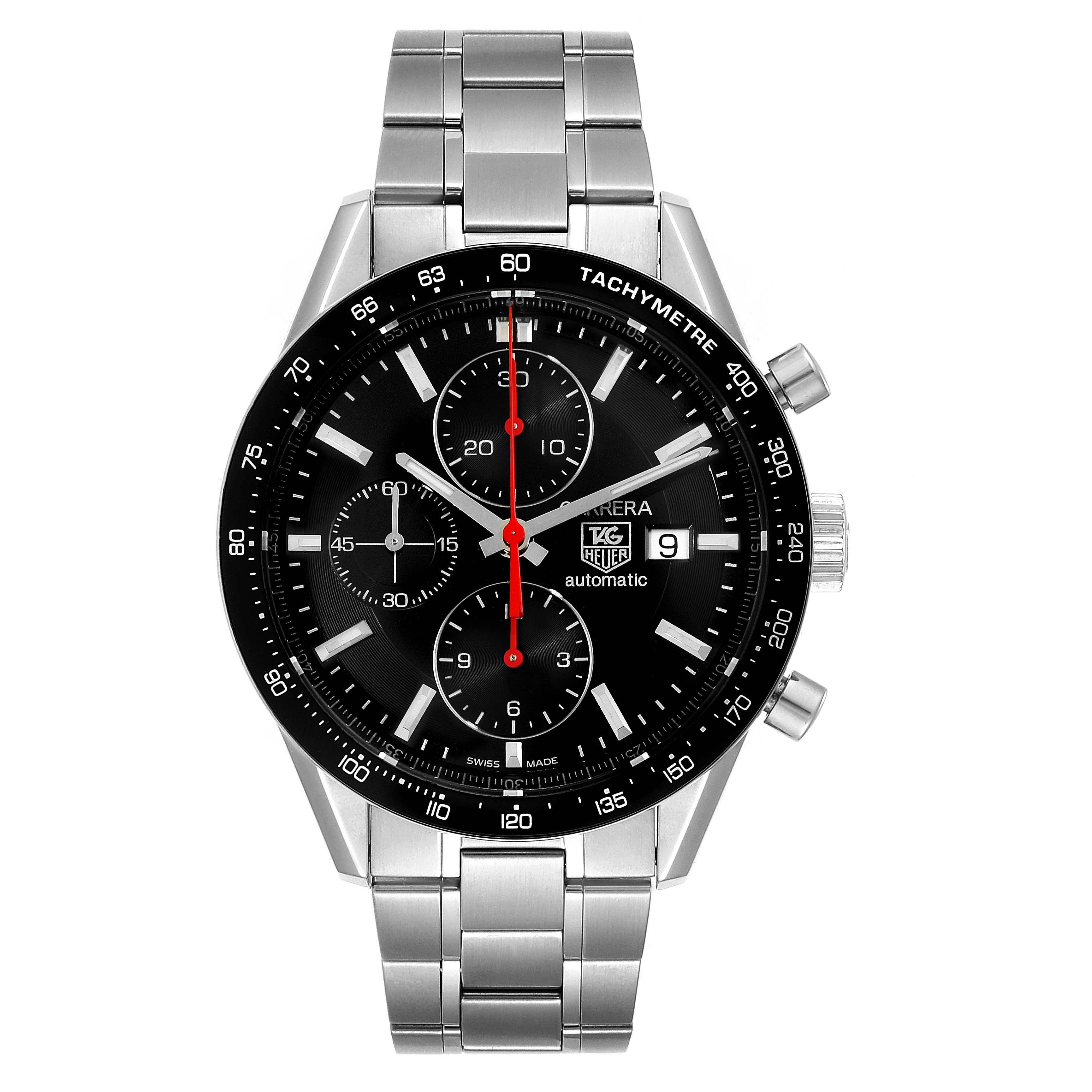 The image shows a front view of a Tag Heuer Carrera CV2014.BA0794 Men
s Stainless Steel Black Dial CV2014.BA0794 Men
s Stainless Steel Black Dial watch, highlighting its face, bezel, and stainless steel bracelet.