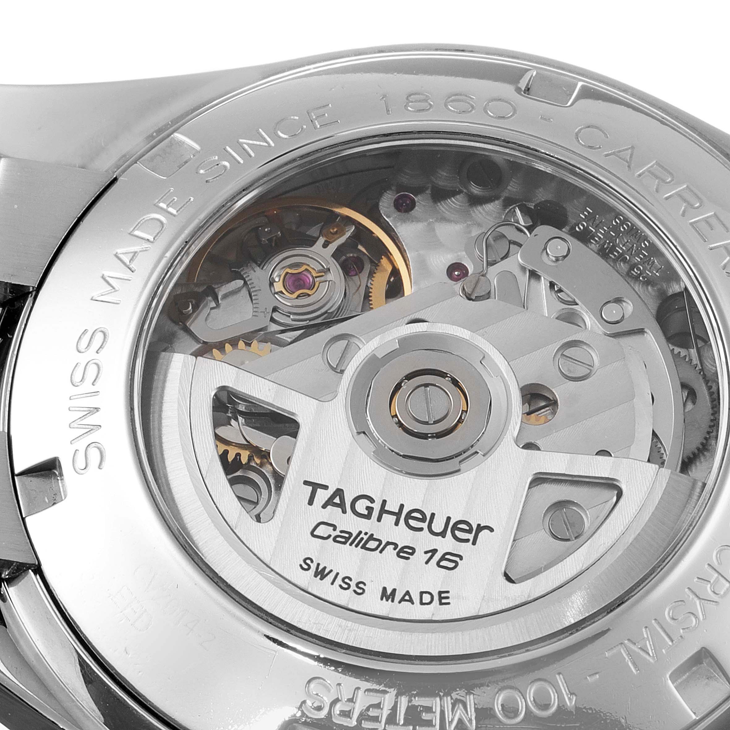 The image shows the back view of a Tag Heuer Carrera CV2014.BA0794 Men
s Stainless Steel Black Dial CV2014.BA0794 Men
s Stainless Steel Black Dial watch, highlighting its Calibre 16 movement and internal mechanisms.